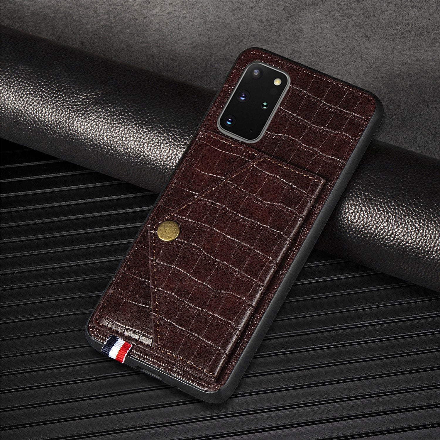 Crocodile Skin with Card Holder PU Leather Coated TPU Case for Samsung Galaxy S20 Plus - Brown