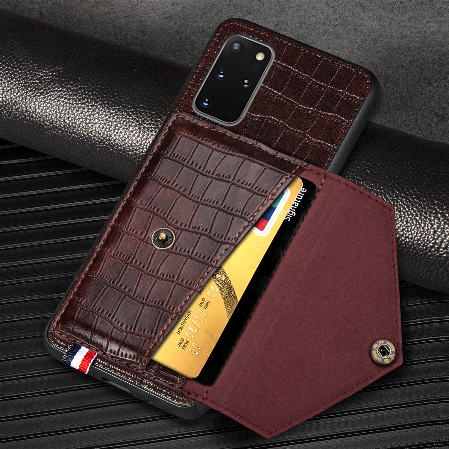 Crocodile Skin with Card Holder PU Leather Coated TPU Case for Samsung Galaxy S20 Plus - Brown