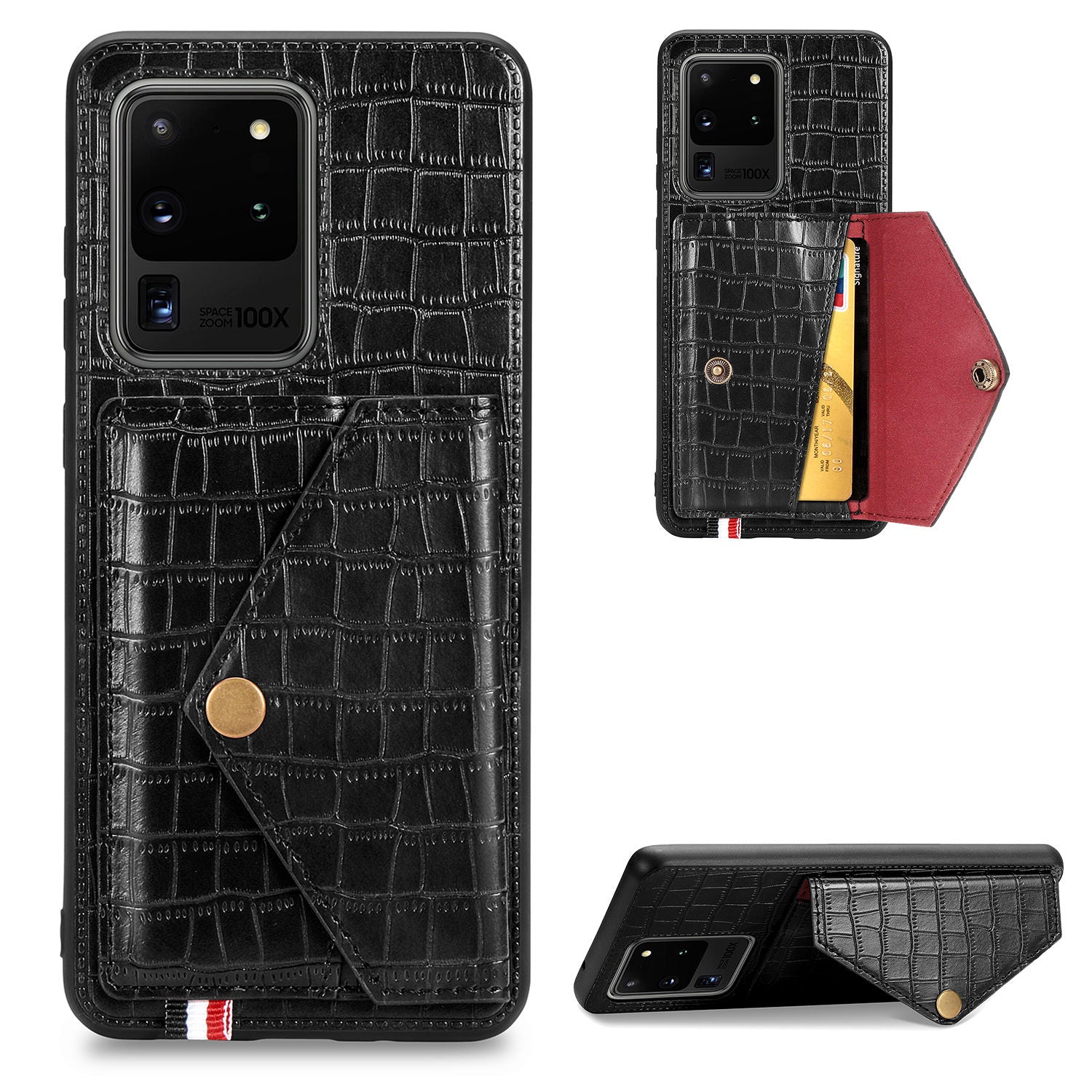 Crocodile Texture Phone Case Cover Card Holder for Samsung Galaxy S20 Ultra - Black