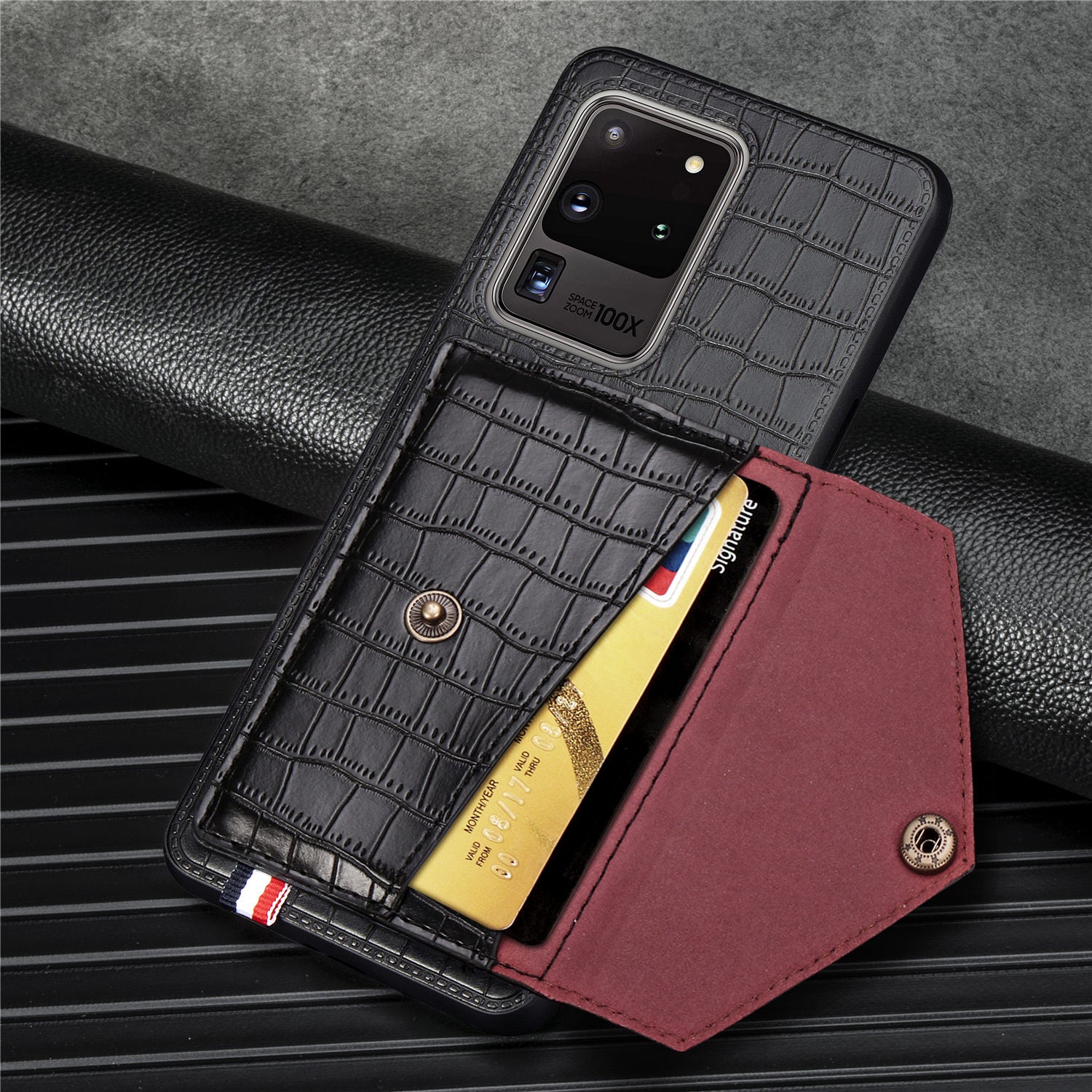 Crocodile Texture Phone Case Cover Card Holder for Samsung Galaxy S20 Ultra - Black