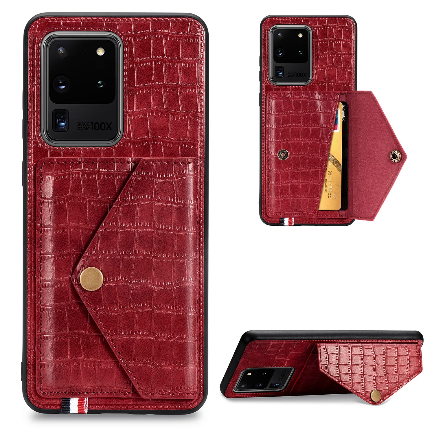 Crocodile Texture Phone Case Cover Card Holder for Samsung Galaxy S20 Ultra - Red