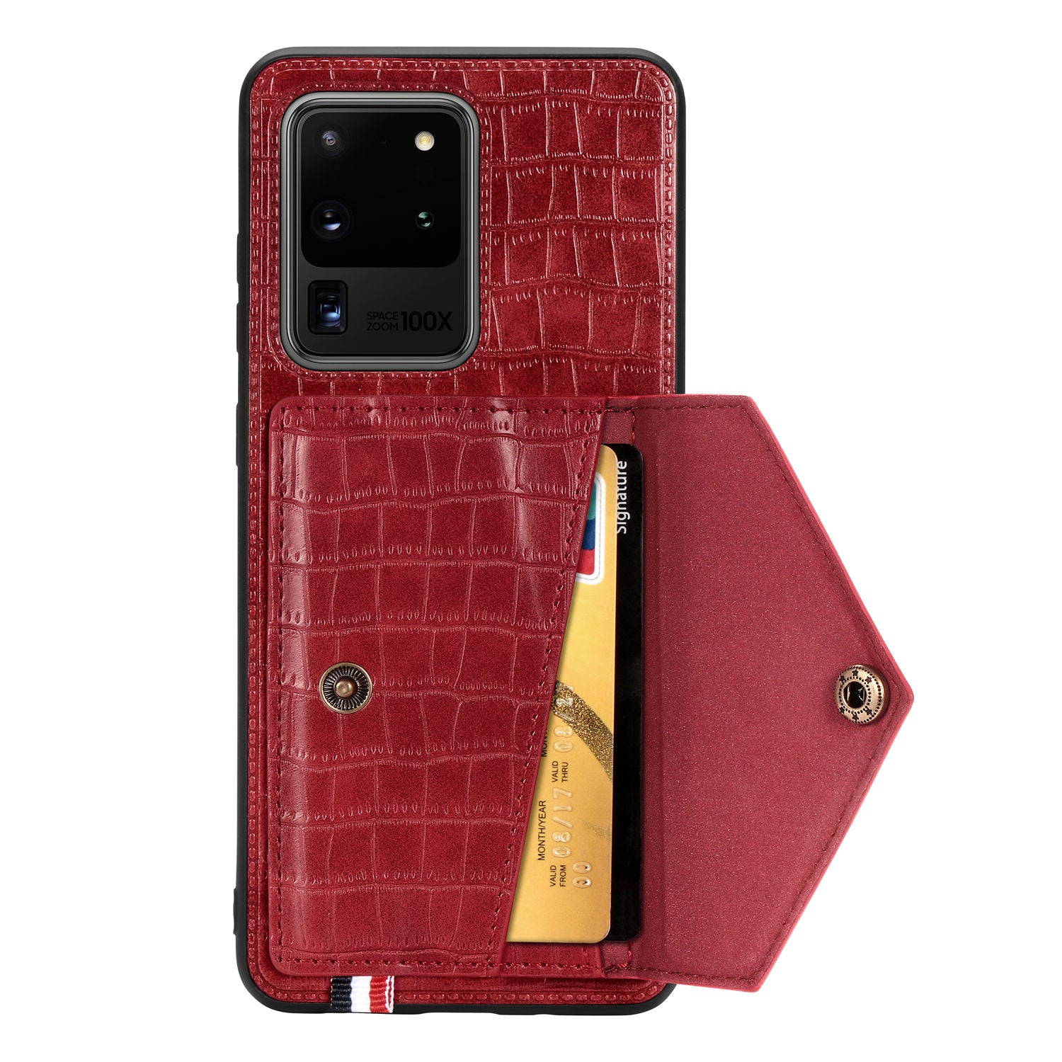 Crocodile Texture Phone Case Cover Card Holder for Samsung Galaxy S20 Ultra - Red