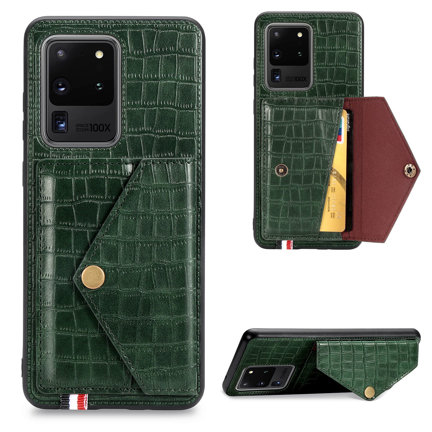 Crocodile Texture Phone Case Cover Card Holder for Samsung Galaxy S20 Ultra - Green