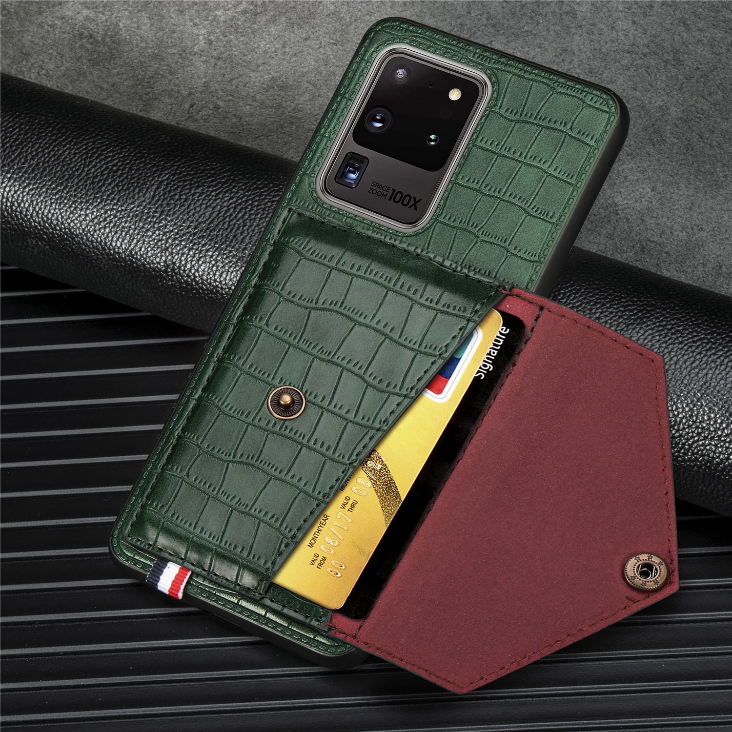 Crocodile Texture Phone Case Cover Card Holder for Samsung Galaxy S20 Ultra - Green