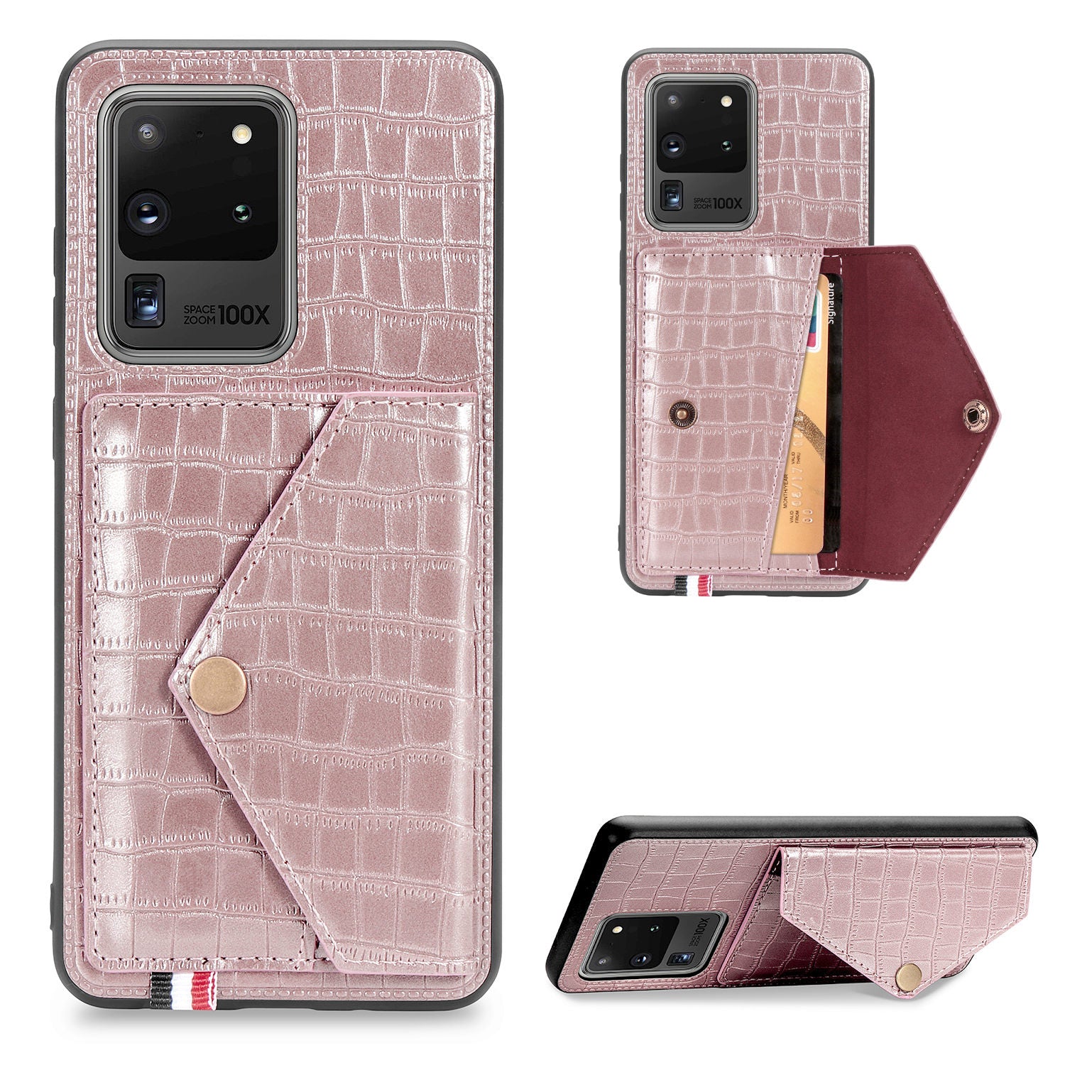 Crocodile Texture Phone Case Cover Card Holder for Samsung Galaxy S20 Ultra - Rose Gold