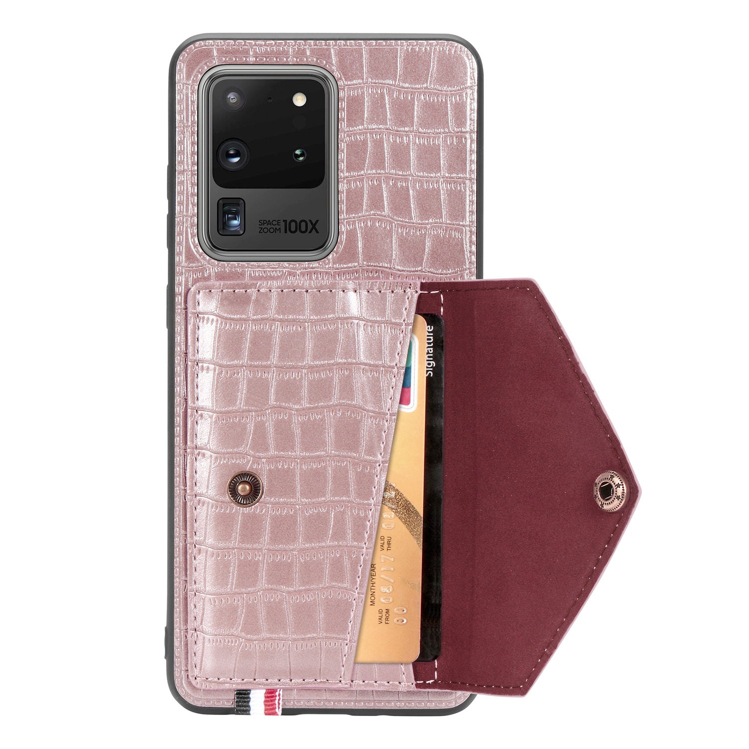 Crocodile Texture Phone Case Cover Card Holder for Samsung Galaxy S20 Ultra - Rose Gold