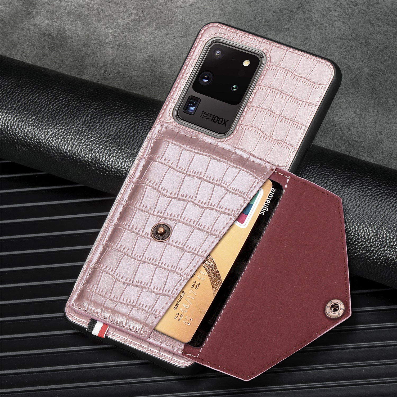 Crocodile Texture Phone Case Cover Card Holder for Samsung Galaxy S20 Ultra - Rose Gold