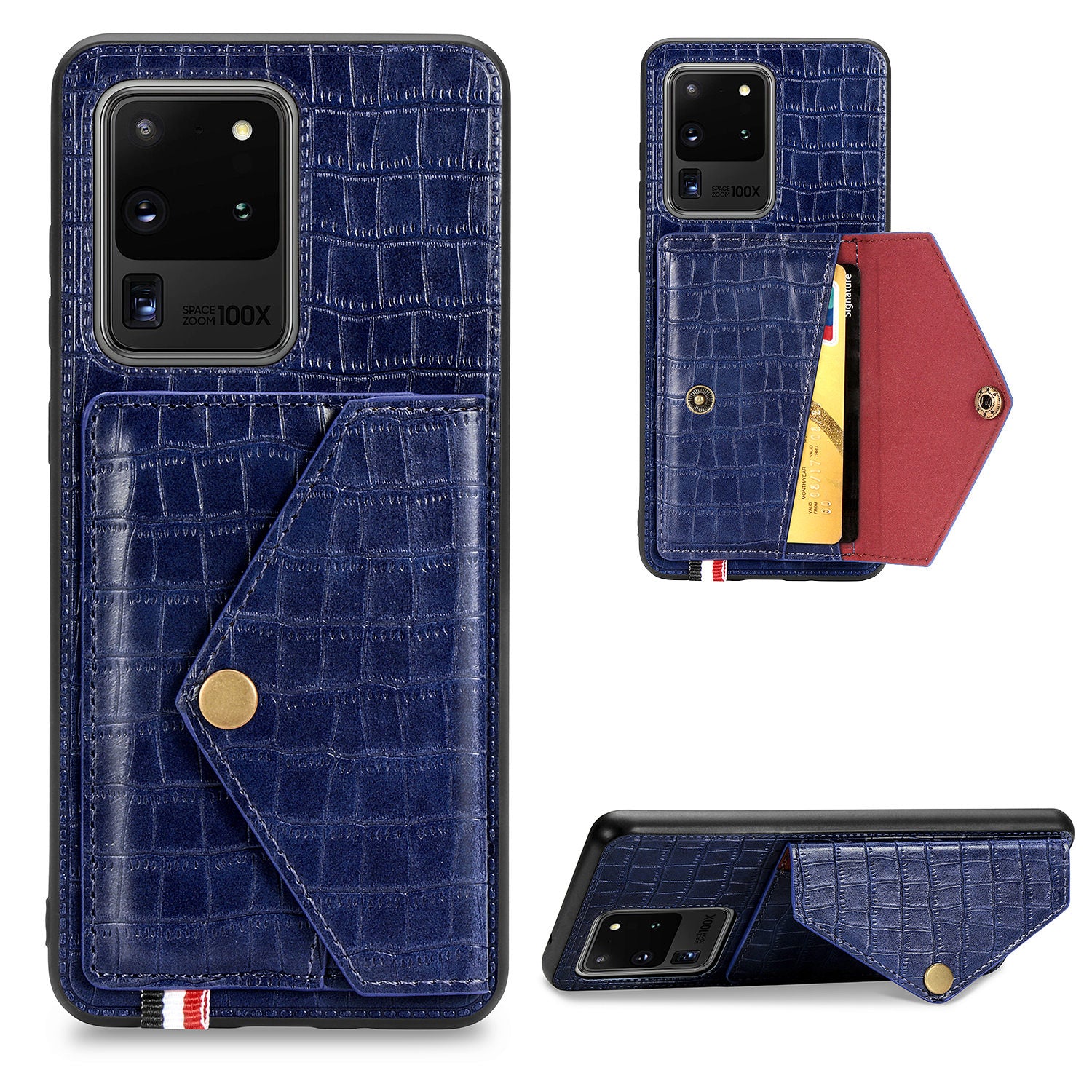 Crocodile Texture Phone Case Cover Card Holder for Samsung Galaxy S20 Ultra - Blue