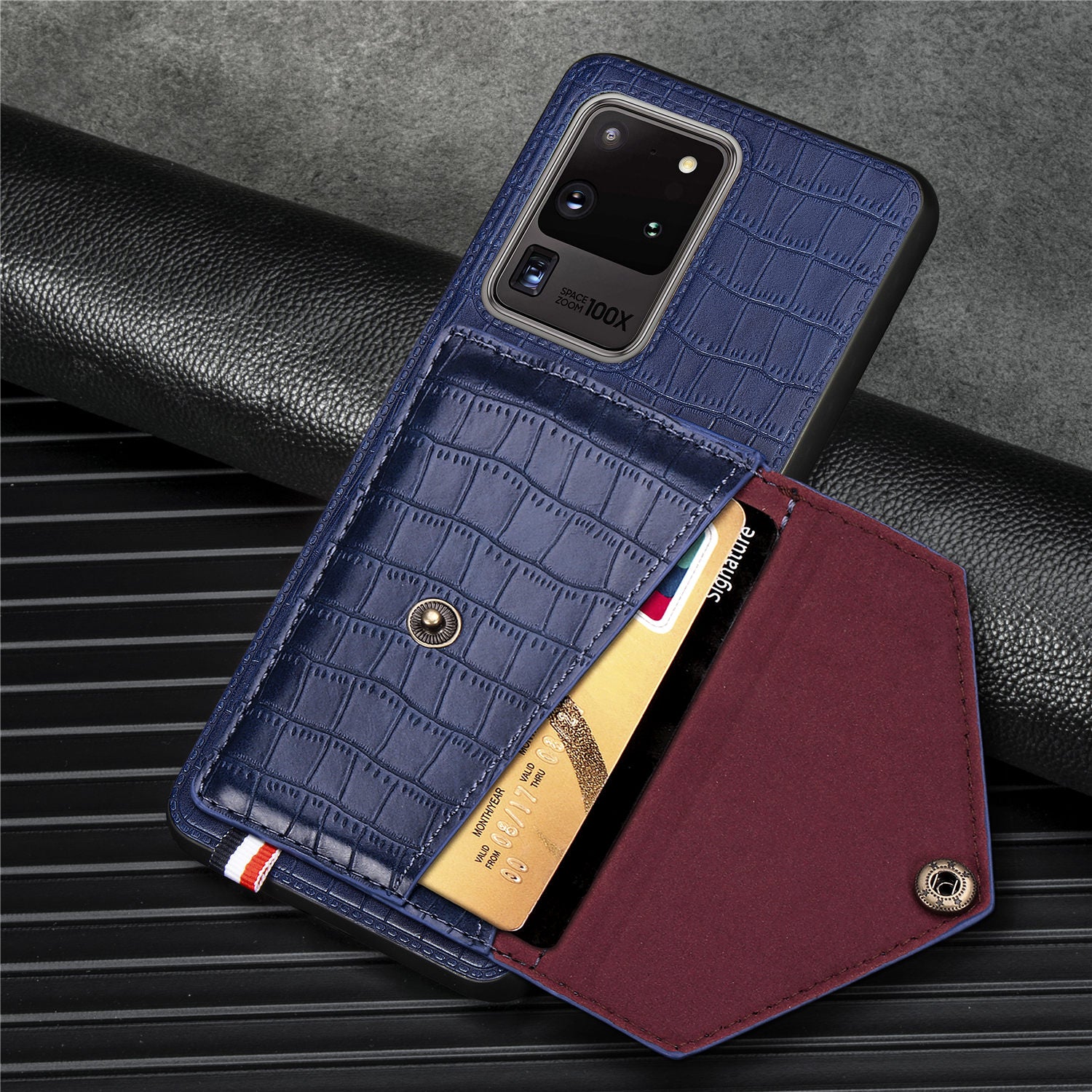 Crocodile Texture Phone Case Cover Card Holder for Samsung Galaxy S20 Ultra - Blue