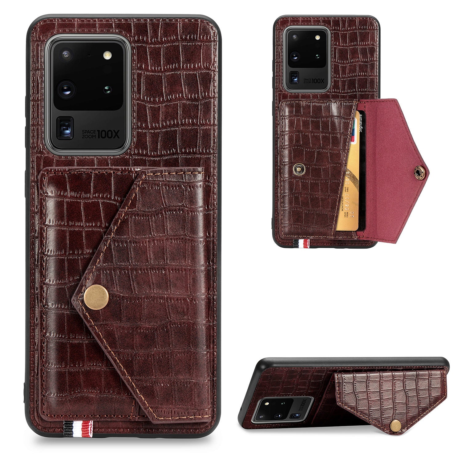 Crocodile Texture Phone Case Cover Card Holder for Samsung Galaxy S20 Ultra - Brown