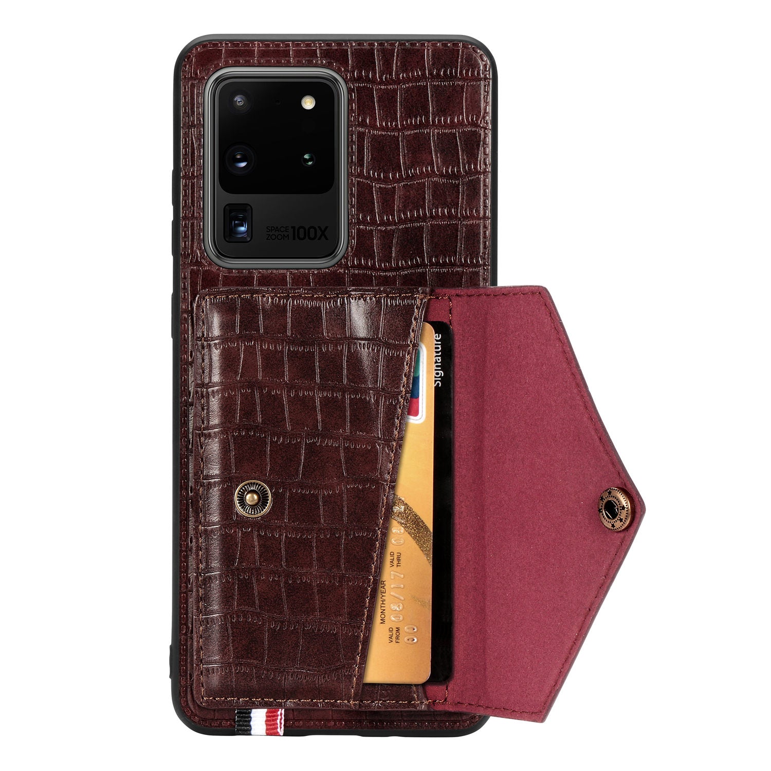 Crocodile Texture Phone Case Cover Card Holder for Samsung Galaxy S20 Ultra - Brown