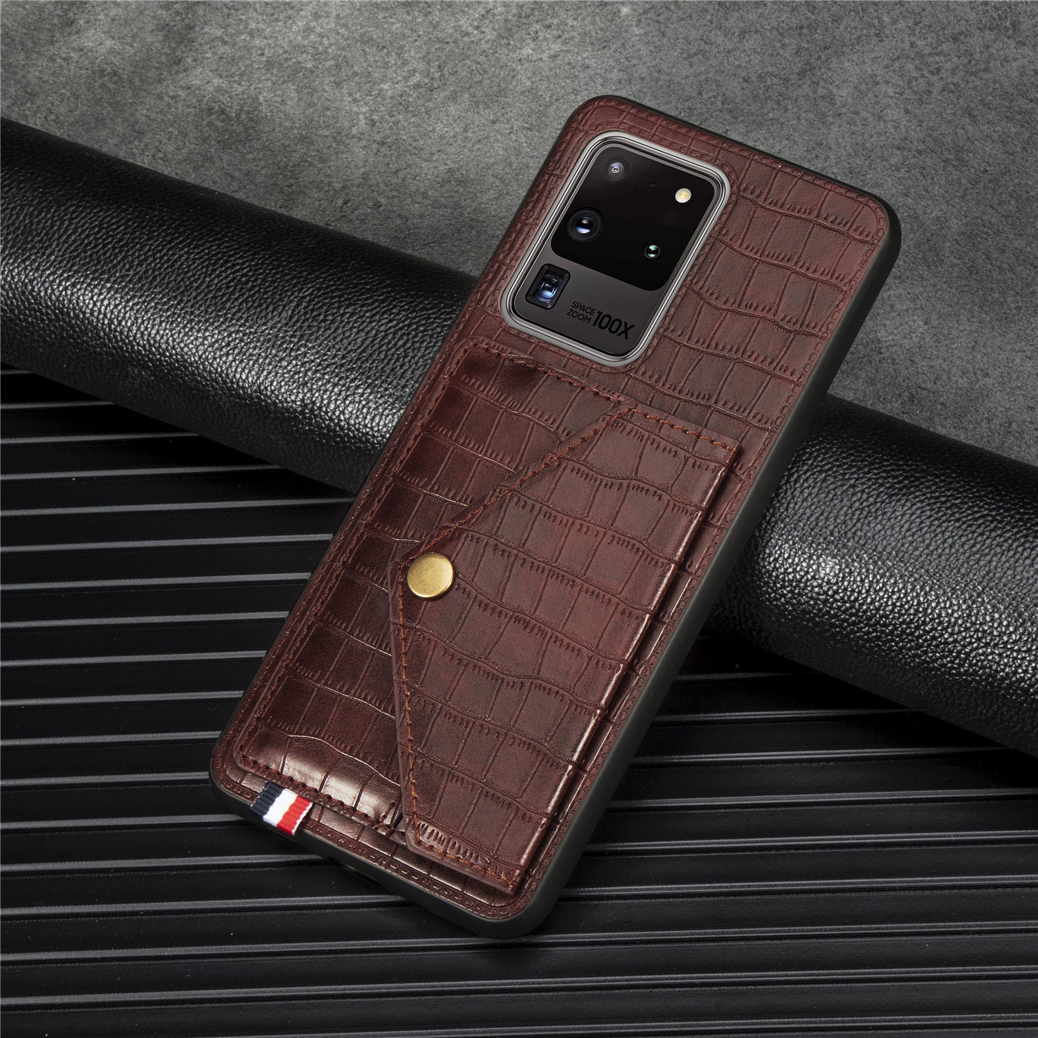 Crocodile Texture Phone Case Cover Card Holder for Samsung Galaxy S20 Ultra - Brown