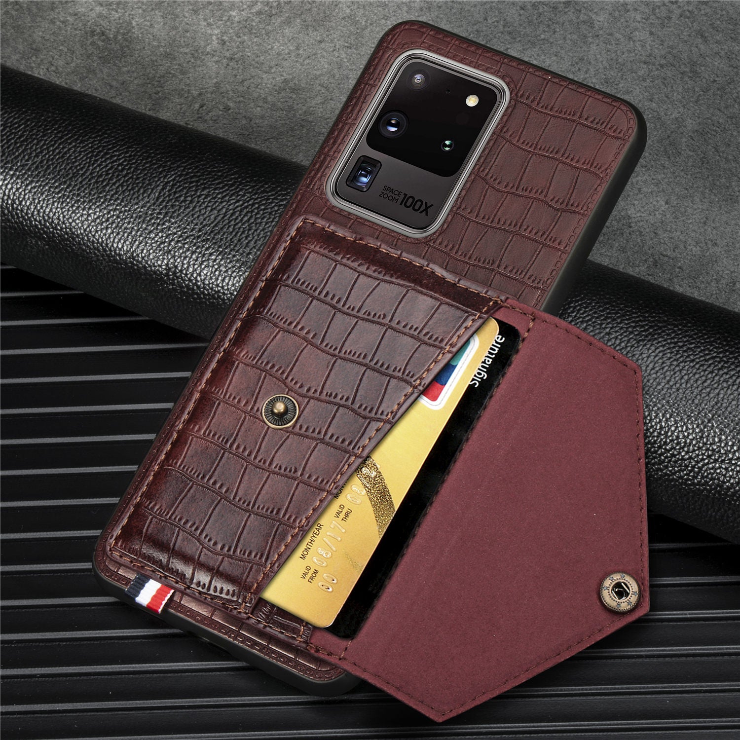 Crocodile Texture Phone Case Cover Card Holder for Samsung Galaxy S20 Ultra - Brown