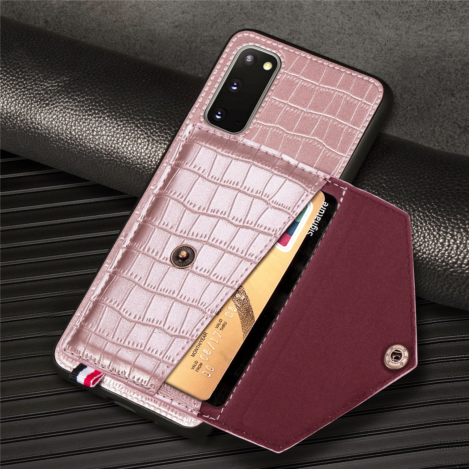 Crocodile Surface with Kickstand Cell Phone Case for Samsung Galaxy S20 4G/S20 5G - Rose Gold