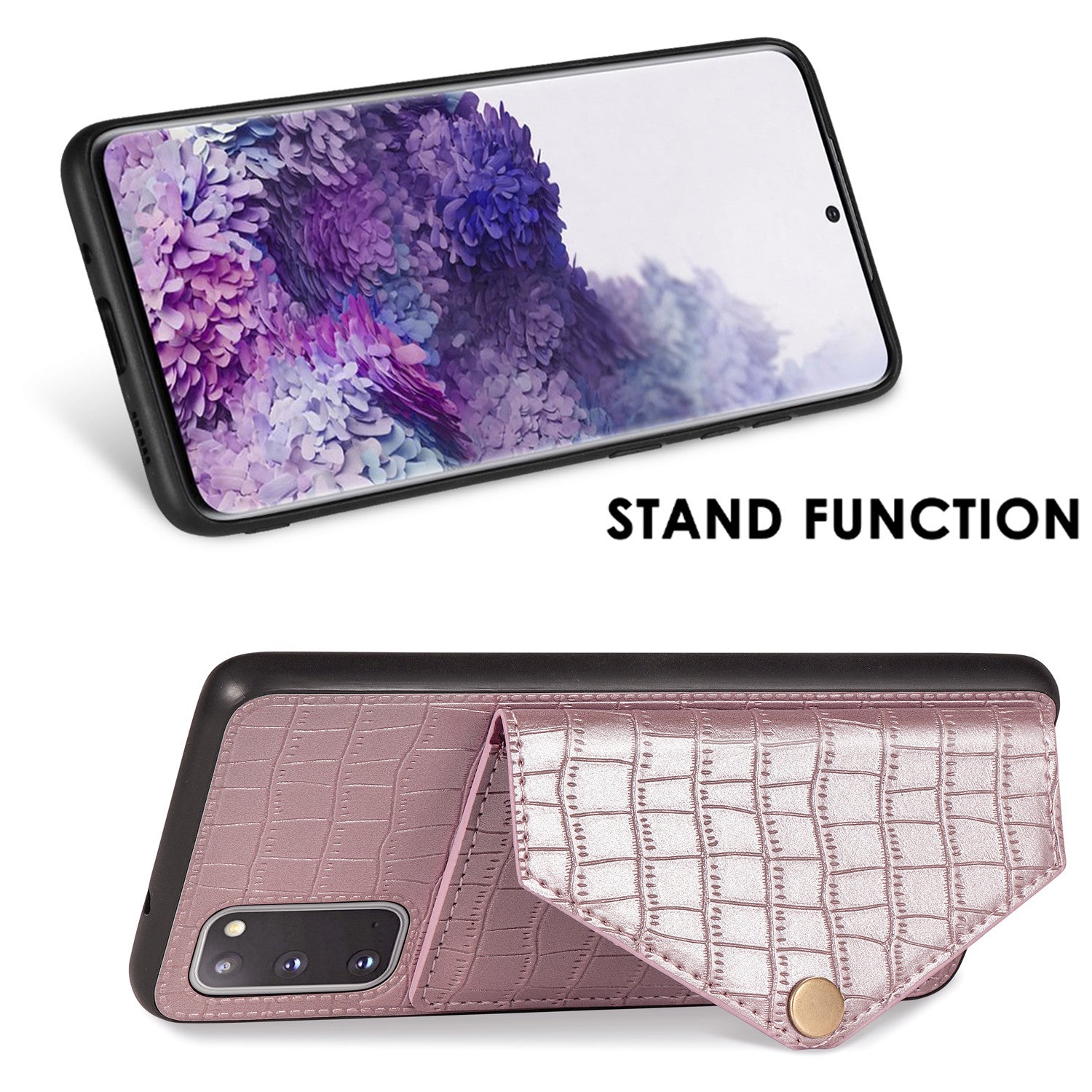 Crocodile Surface with Kickstand Cell Phone Case for Samsung Galaxy S20 4G/S20 5G - Rose Gold