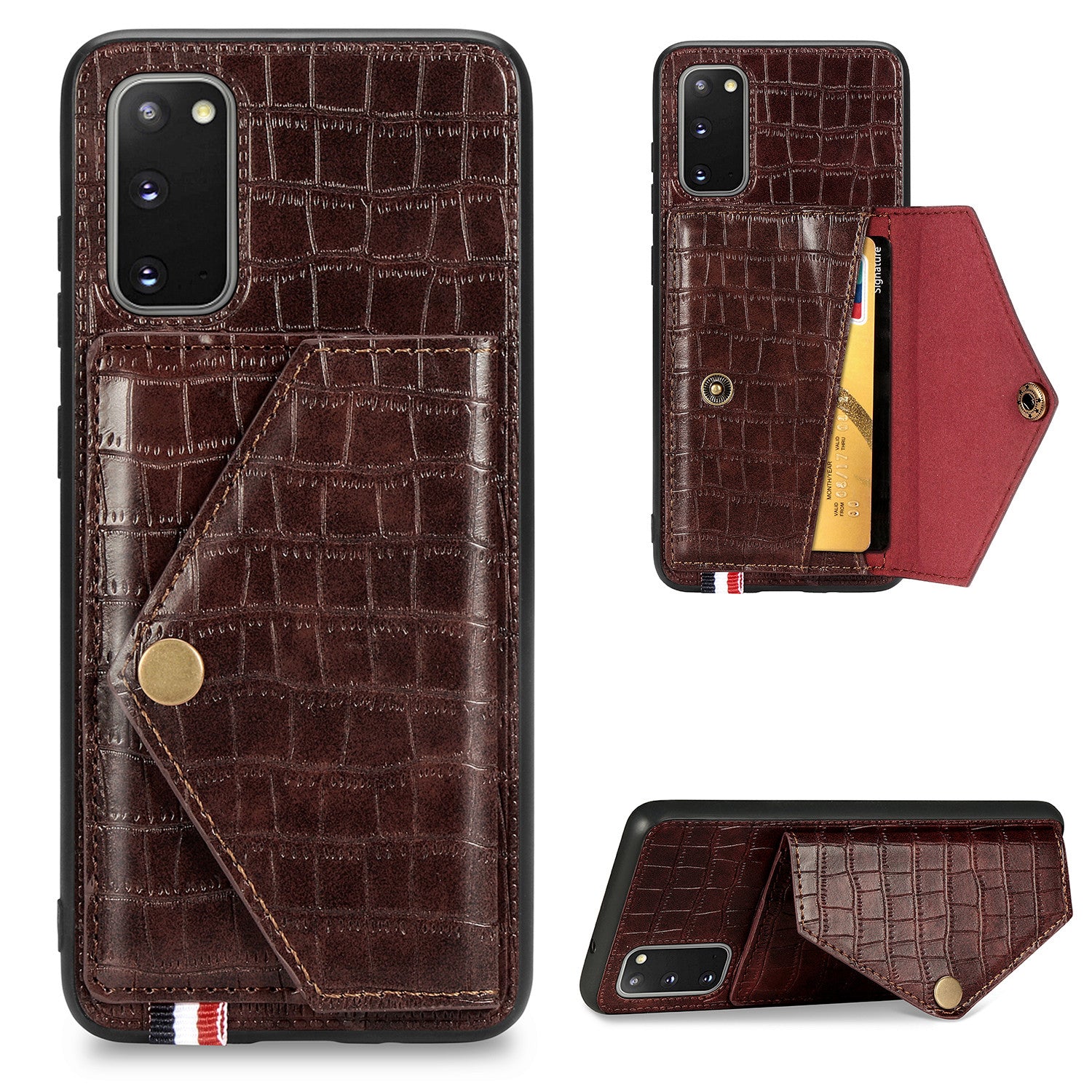 Crocodile Surface with Kickstand Cell Phone Case for Samsung Galaxy S20 4G/S20 5G - Brown