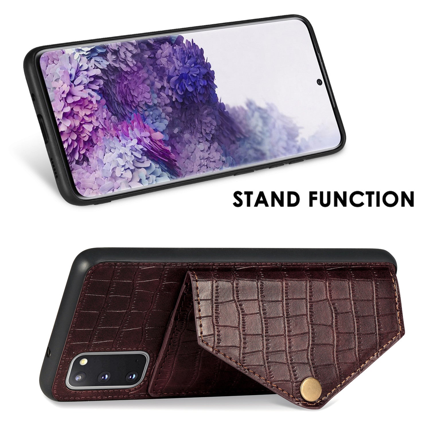 Crocodile Surface with Kickstand Cell Phone Case for Samsung Galaxy S20 4G/S20 5G - Brown