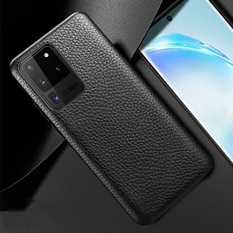 XOOMZ Litchi Grain Genuine Leather Cover Phone Case for Samsung Galaxy S20 Ultra - Black