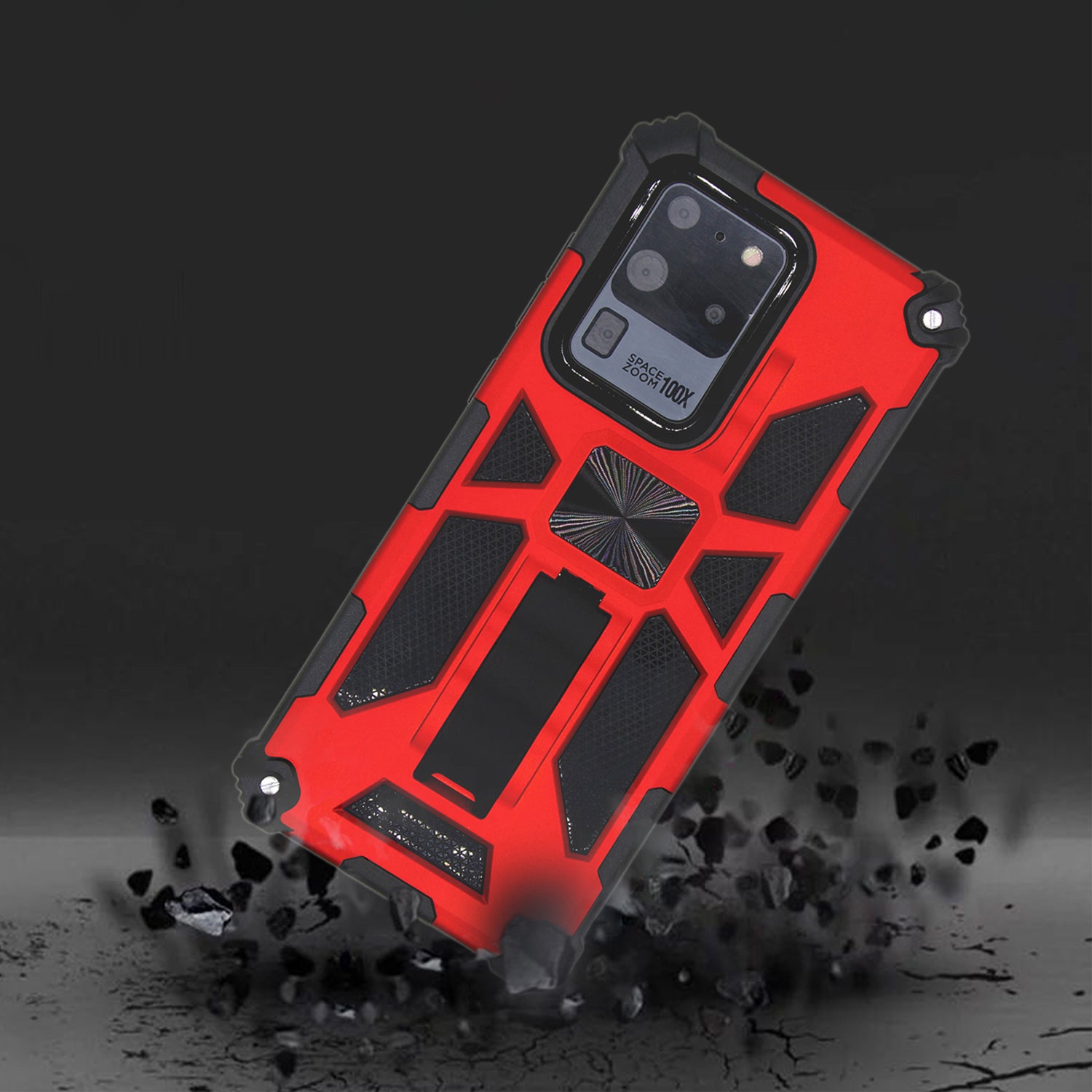 Kickstand Armor Dropproof PC TPU Hybrid Shell with Magnetic Metal Sheet for Samsung Galaxy S20 Ultra - Red