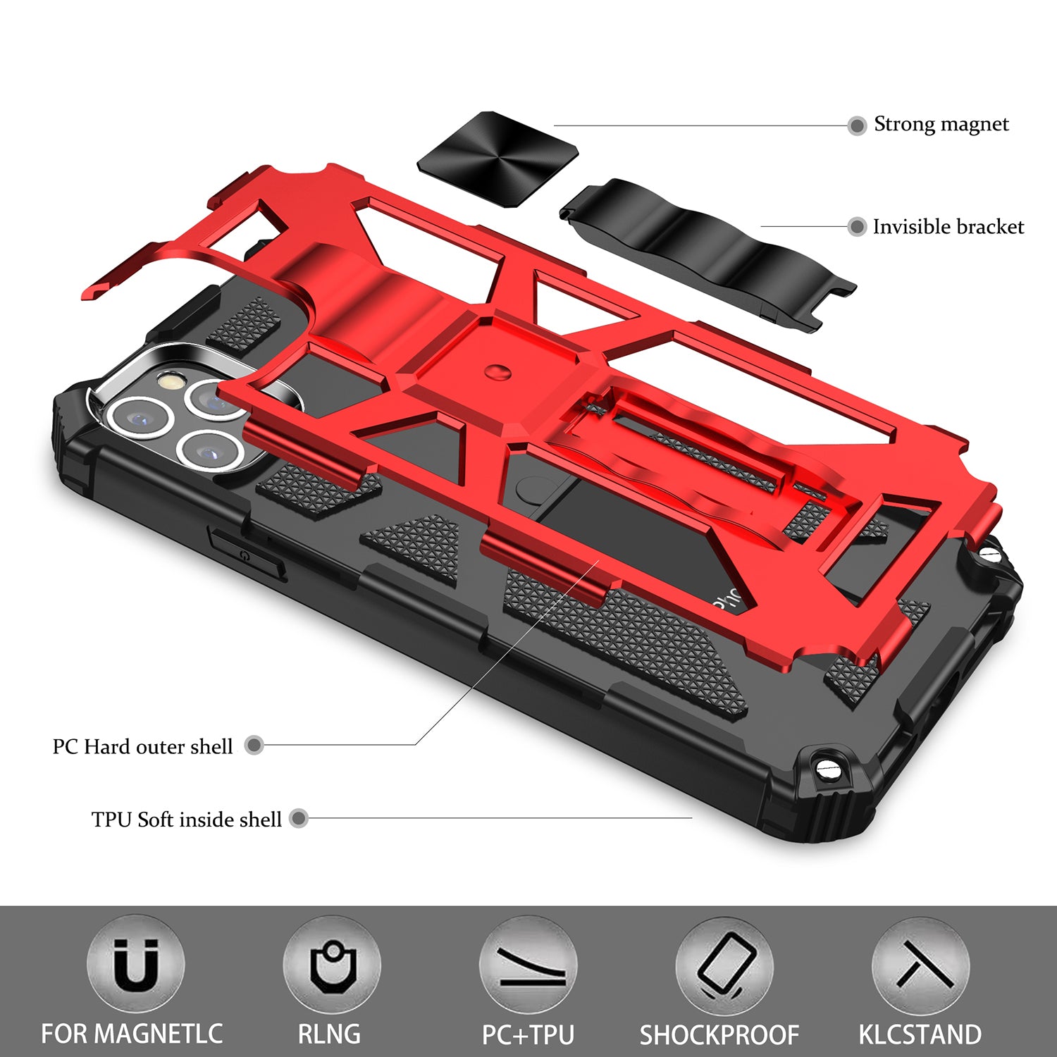 Kickstand Armor Dropproof PC TPU Hybrid Shell with Magnetic Metal Sheet for Samsung Galaxy S20 Ultra - Red