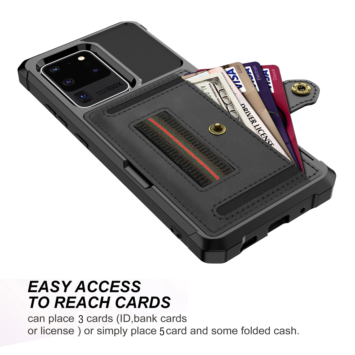 Phone Case with Card Slot and Elastic Finger Ring Strap Shell for Samsung Galaxy S20 Ultra - Black