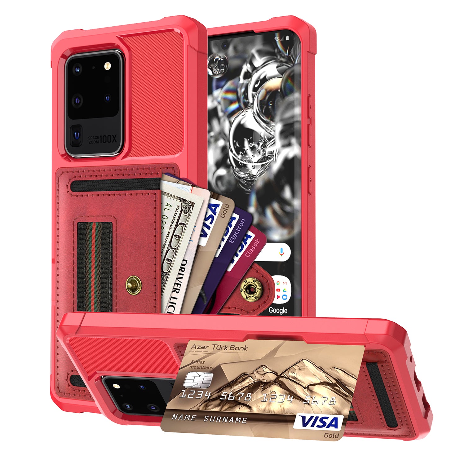 Phone Case with Card Slot and Elastic Finger Ring Strap Shell for Samsung Galaxy S20 Ultra - Red