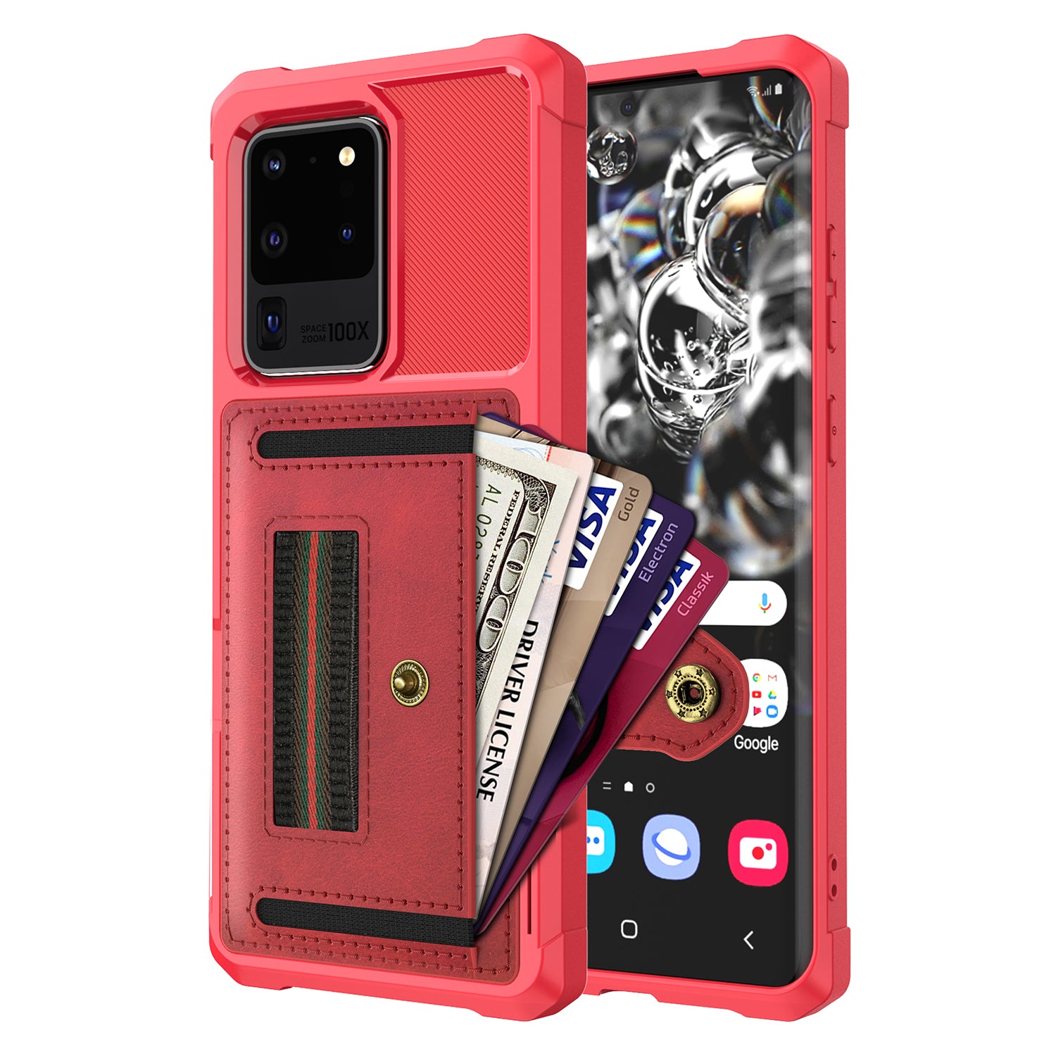 Phone Case with Card Slot and Elastic Finger Ring Strap Shell for Samsung Galaxy S20 Ultra - Red