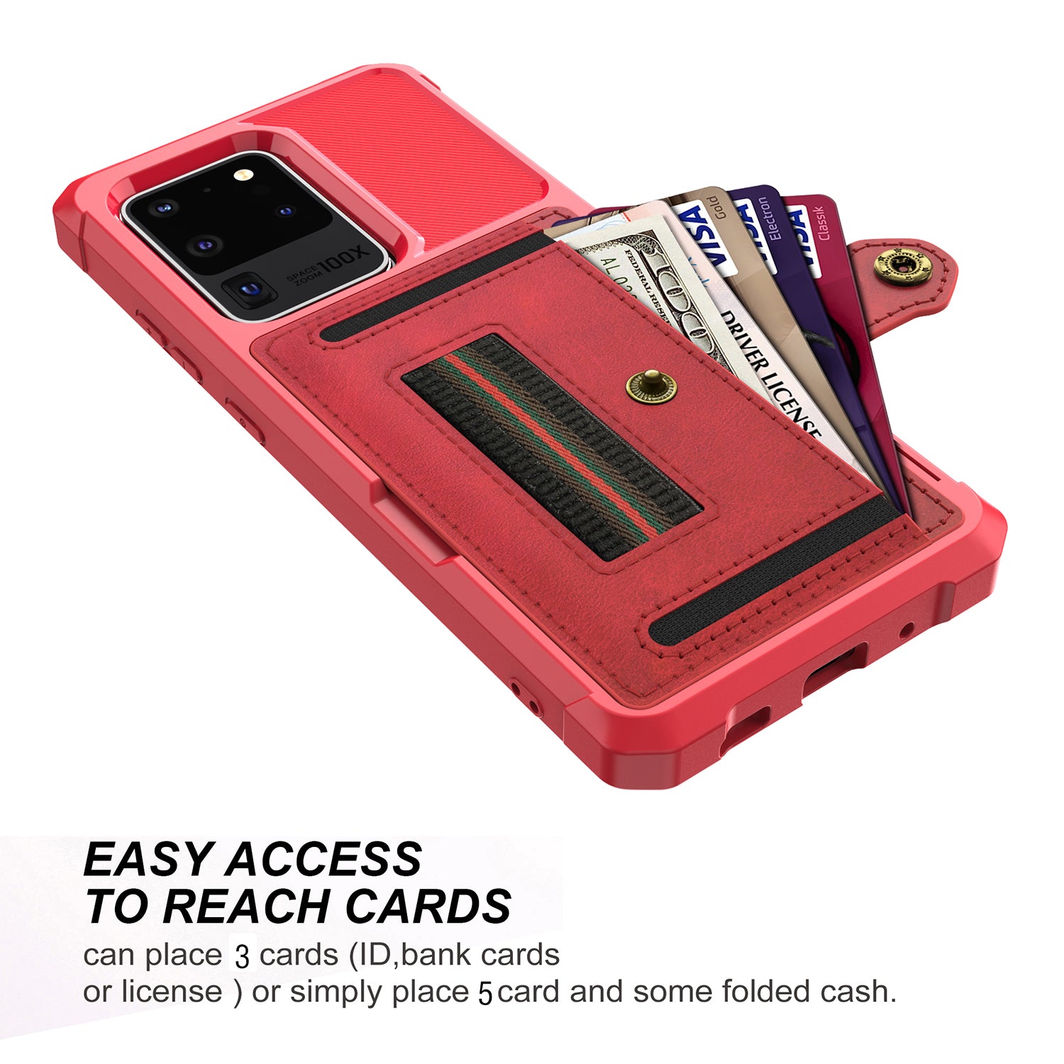 Phone Case with Card Slot and Elastic Finger Ring Strap Shell for Samsung Galaxy S20 Ultra - Red