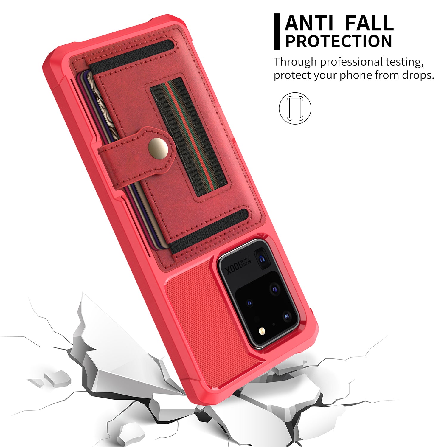 Phone Case with Card Slot and Elastic Finger Ring Strap Shell for Samsung Galaxy S20 Ultra - Red