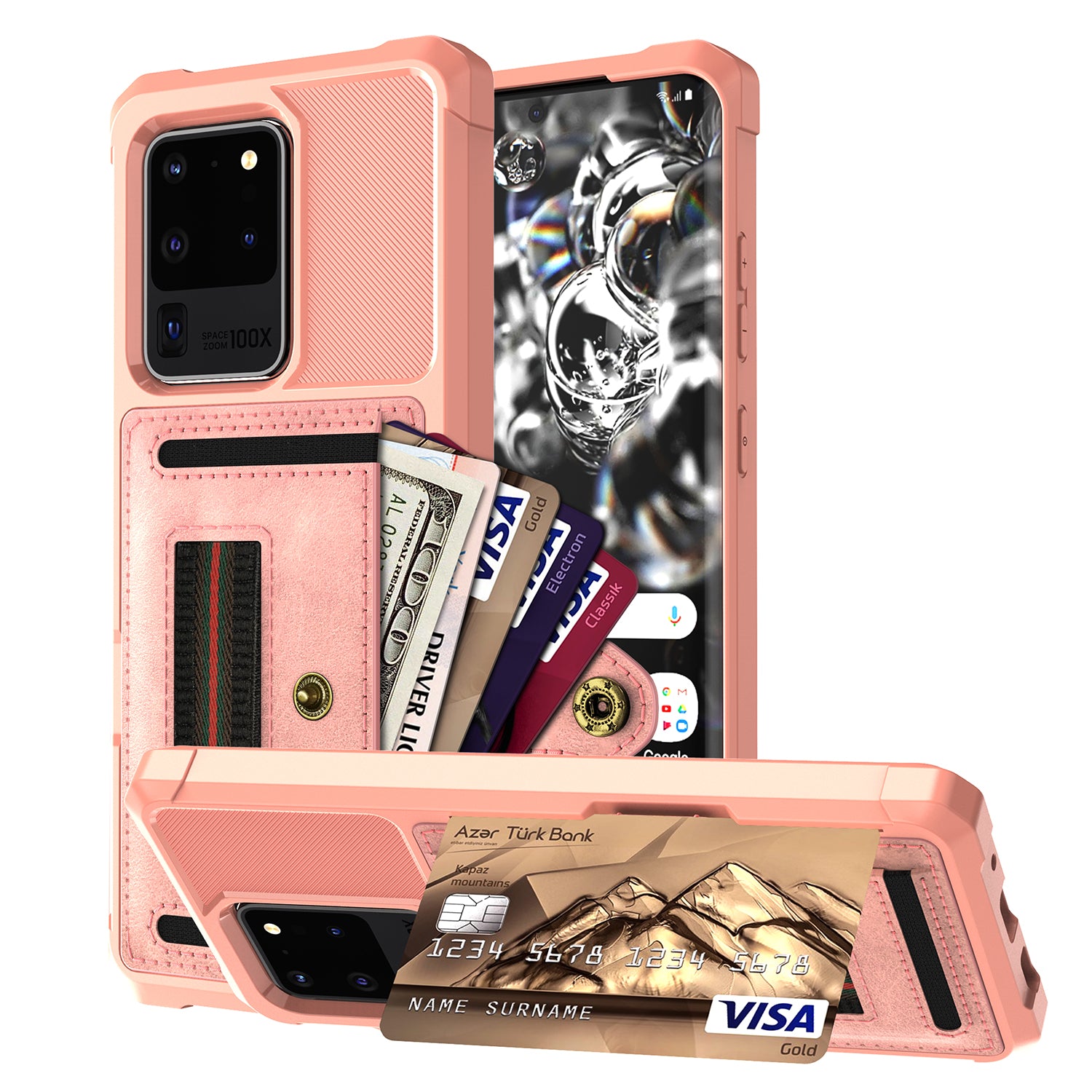 Phone Case with Card Slot and Elastic Finger Ring Strap Shell for Samsung Galaxy S20 Ultra - Rose Gold