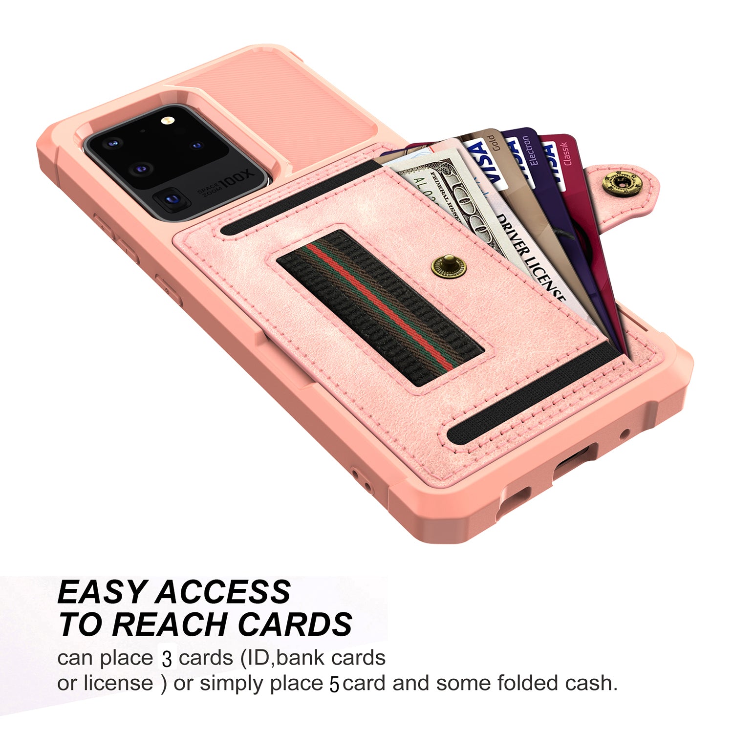 Phone Case with Card Slot and Elastic Finger Ring Strap Shell for Samsung Galaxy S20 Ultra - Rose Gold