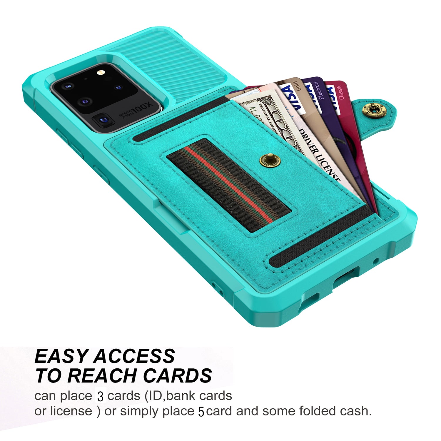 Phone Case with Card Slot and Elastic Finger Ring Strap Shell for Samsung Galaxy S20 Ultra - Baby Blue