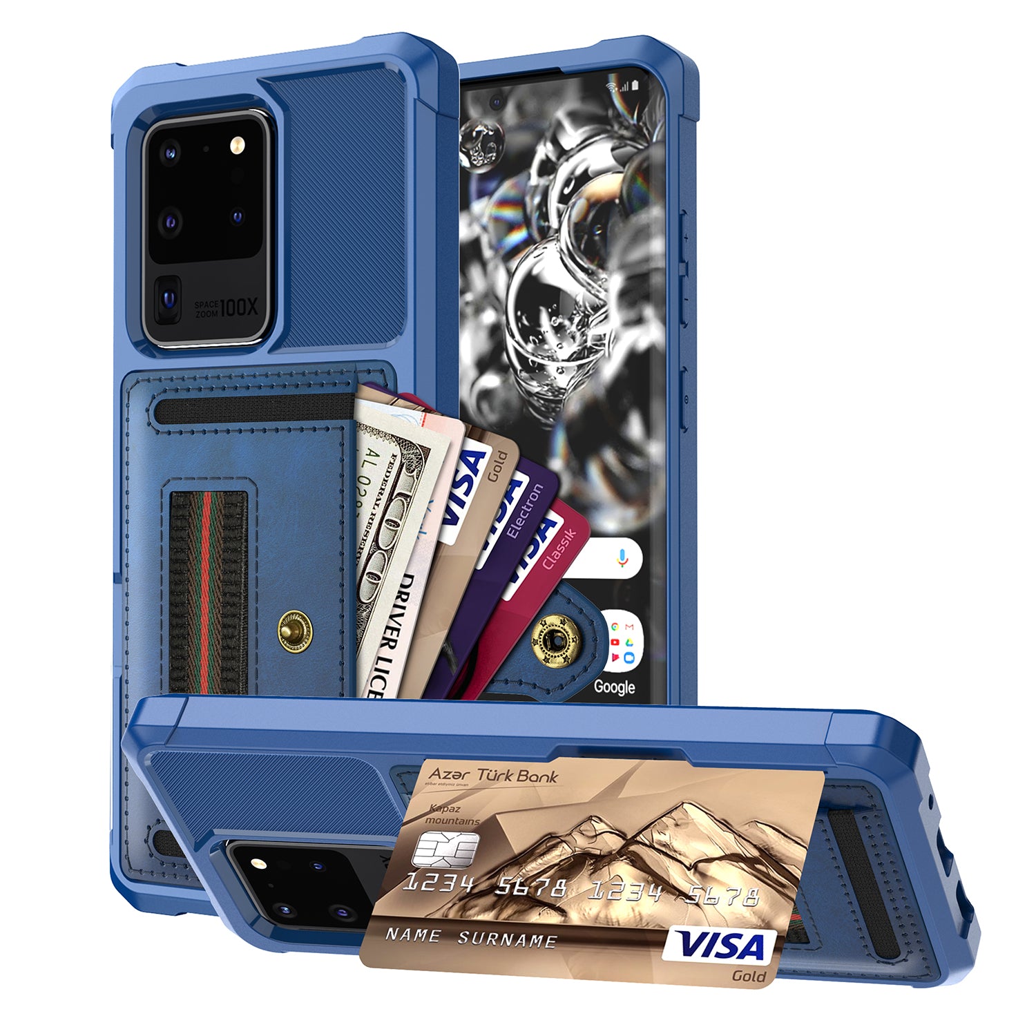 Phone Case with Card Slot and Elastic Finger Ring Strap Shell for Samsung Galaxy S20 Ultra - Dark Blue