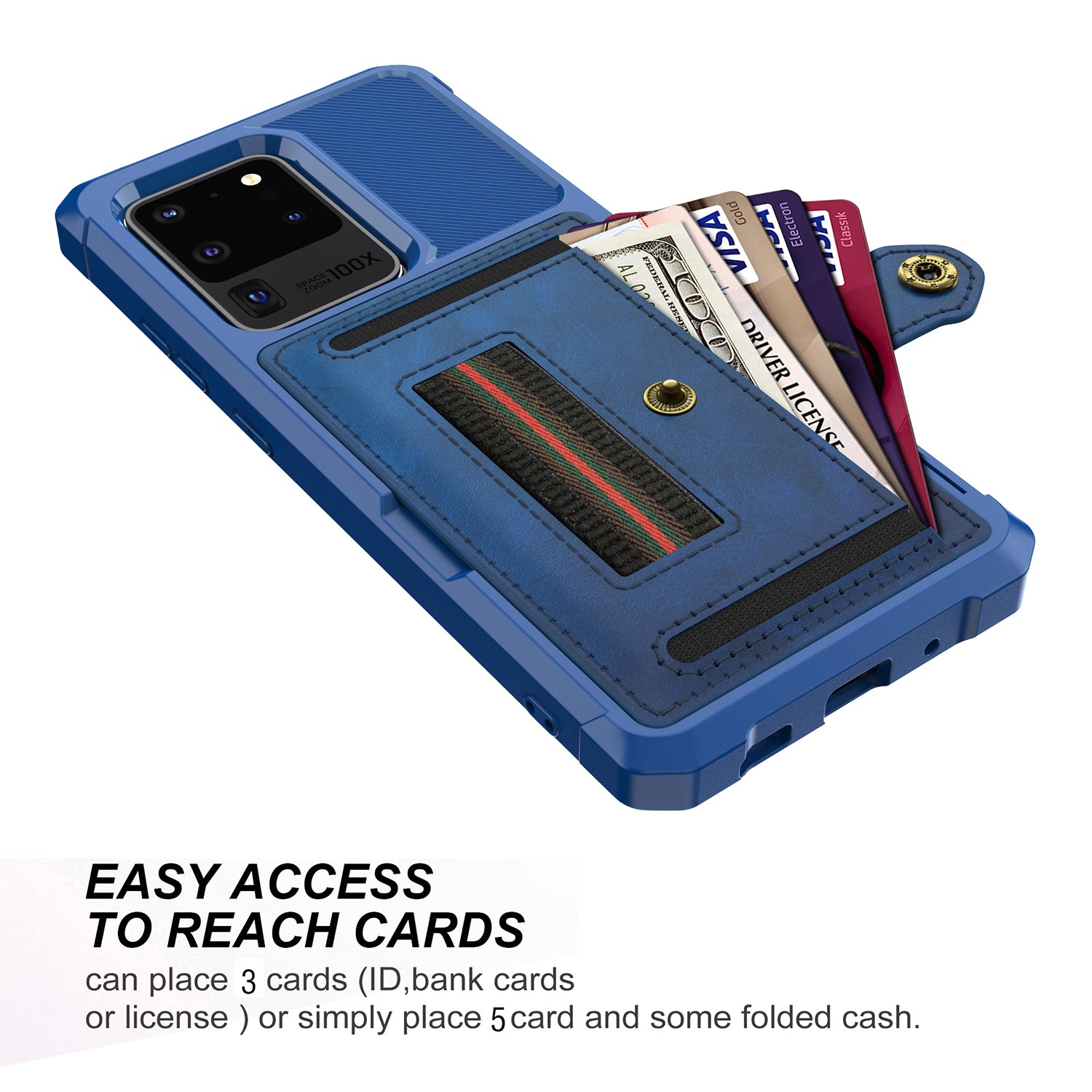 Phone Case with Card Slot and Elastic Finger Ring Strap Shell for Samsung Galaxy S20 Ultra - Dark Blue