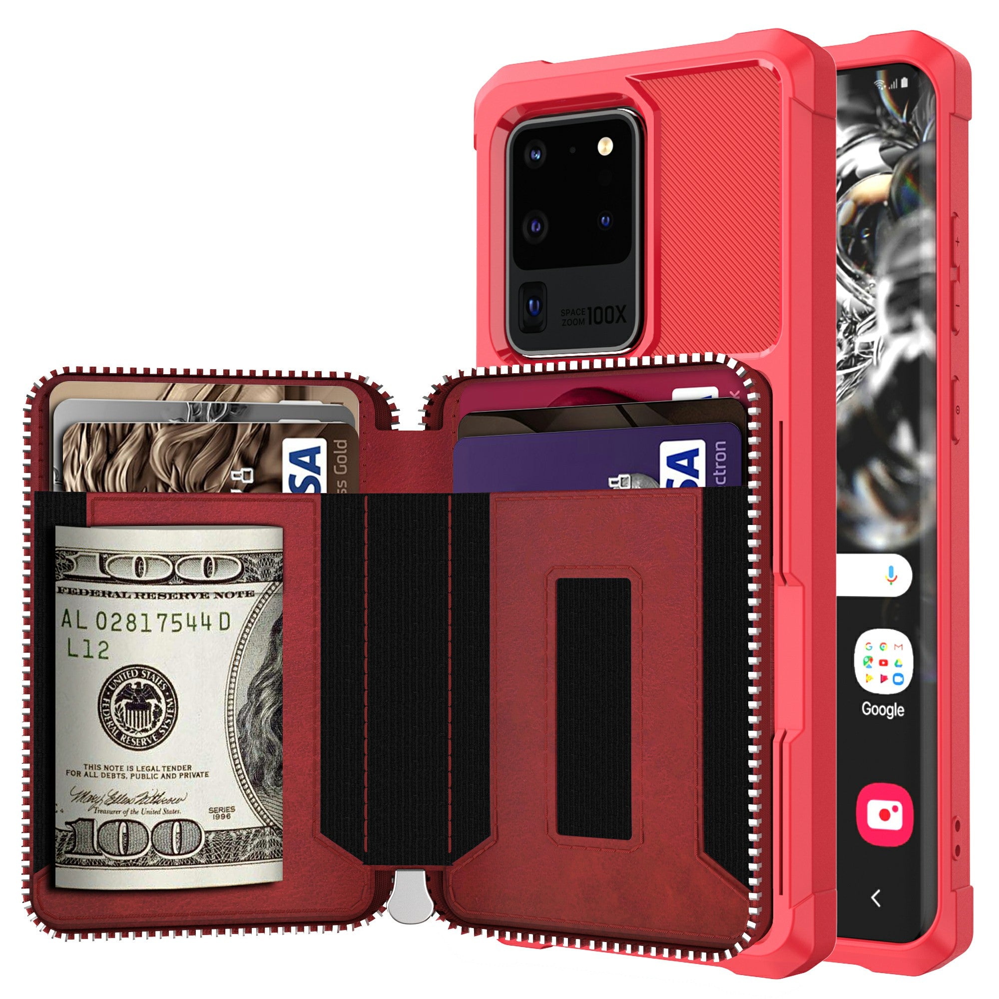 Leather Phone Case with Zipper Wallet for Samsung Galaxy S20 Ultra - Red