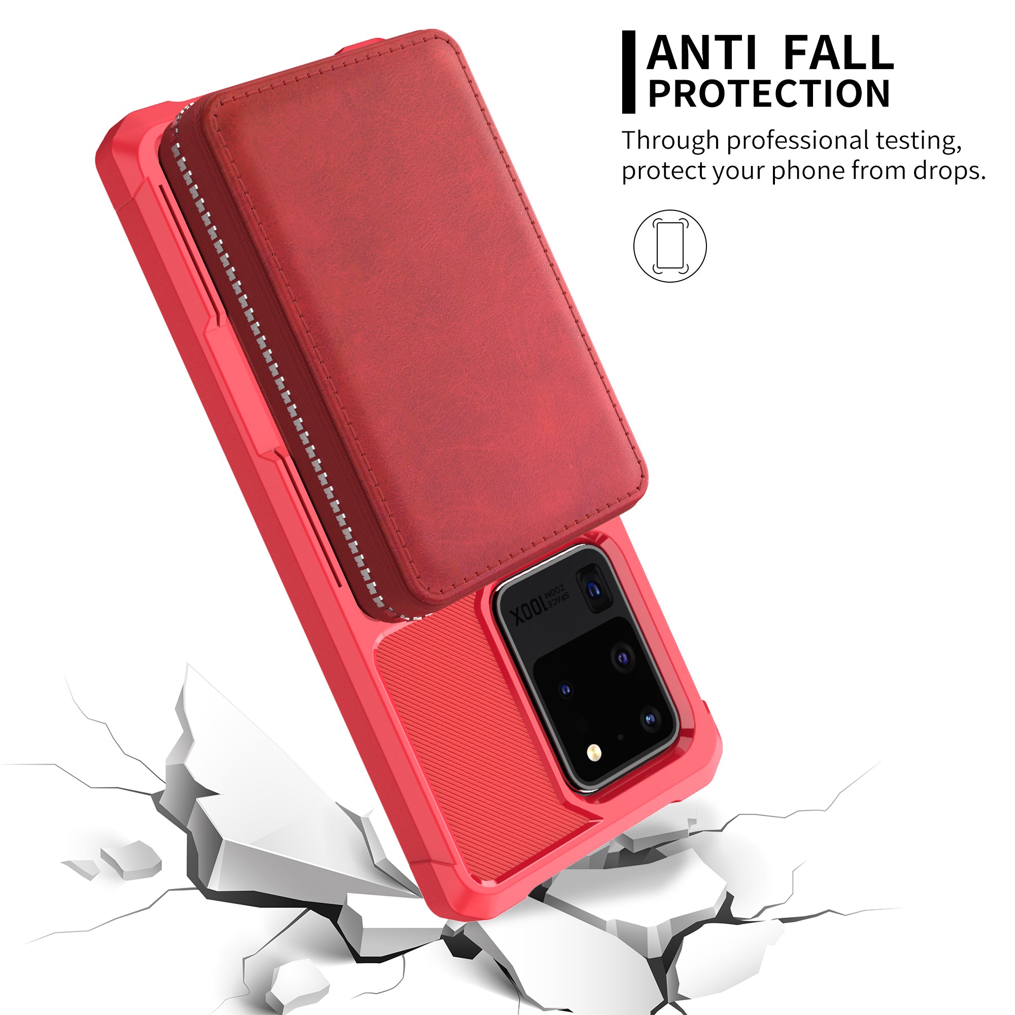 Leather Phone Case with Zipper Wallet for Samsung Galaxy S20 Ultra - Red