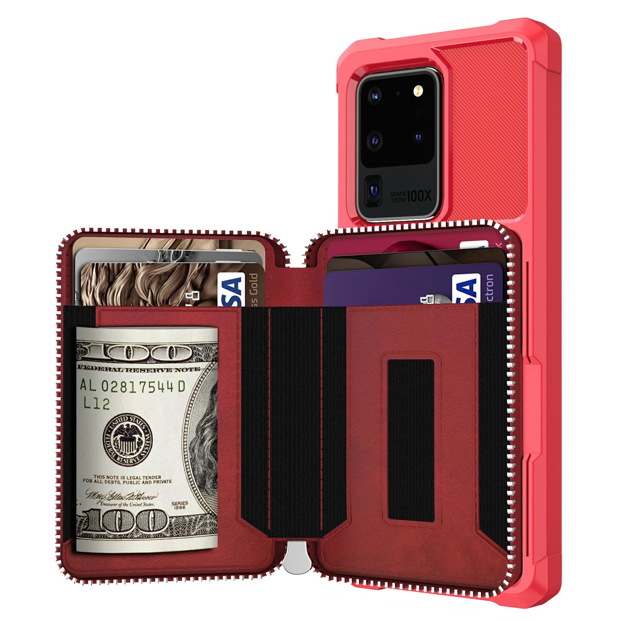 Leather Phone Case with Zipper Wallet for Samsung Galaxy S20 Ultra - Red