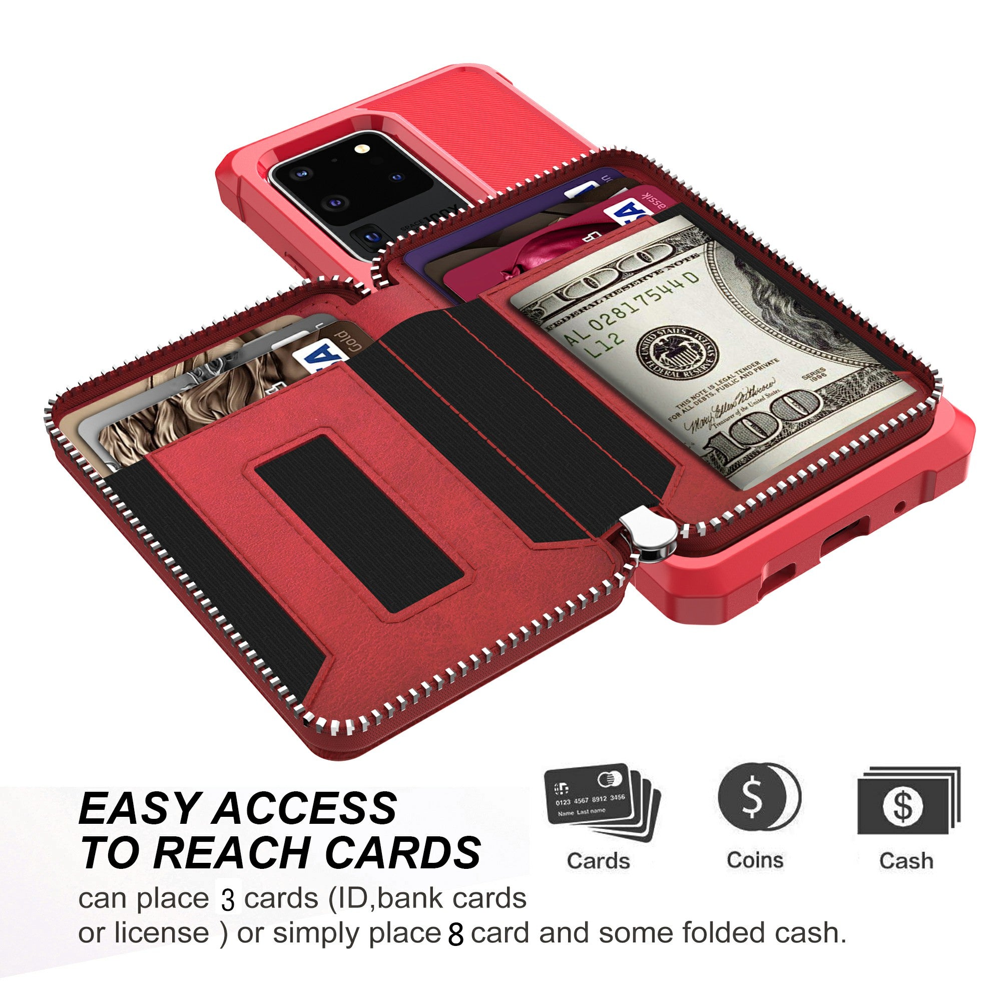 Leather Phone Case with Zipper Wallet for Samsung Galaxy S20 Ultra - Red