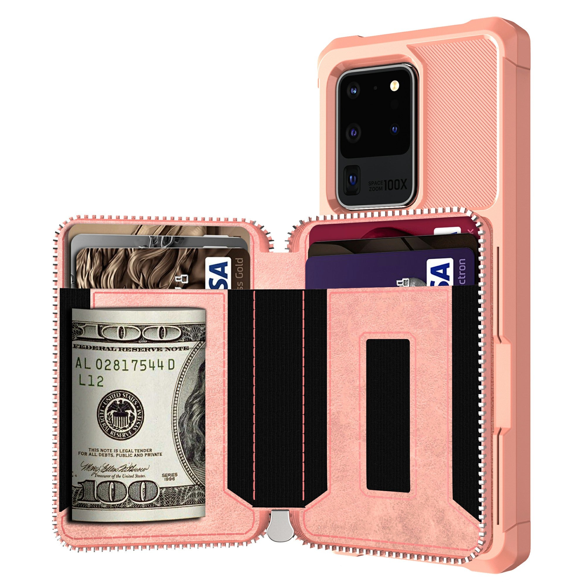 Leather Phone Case with Zipper Wallet for Samsung Galaxy S20 Ultra - Rose Gold