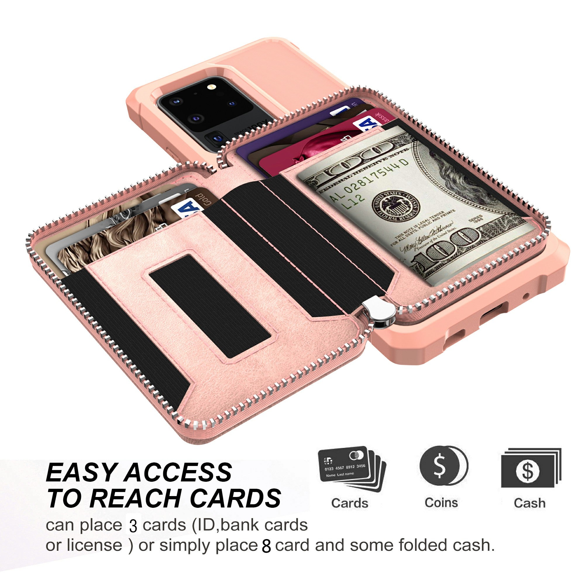 Leather Phone Case with Zipper Wallet for Samsung Galaxy S20 Ultra - Rose Gold