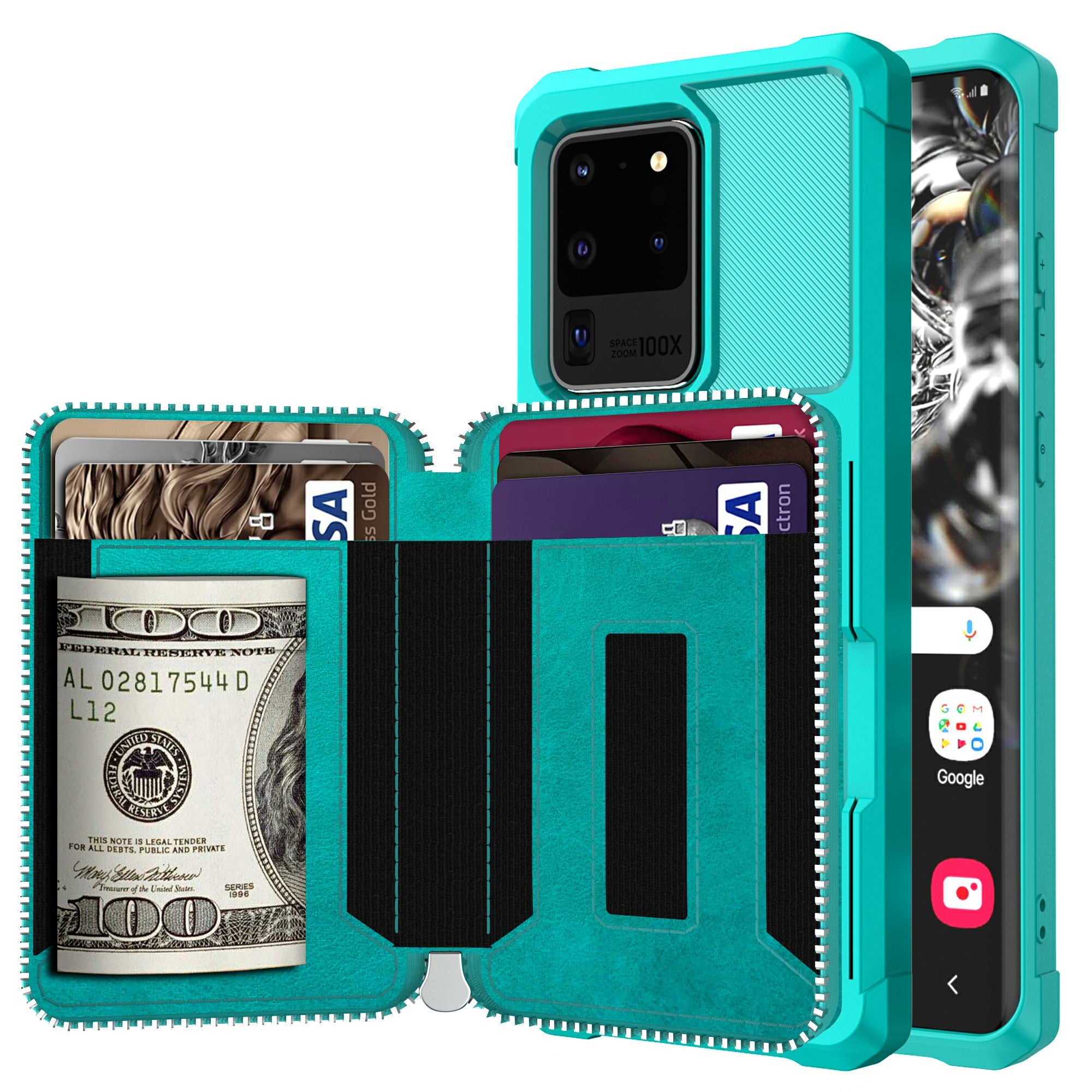 Leather Phone Case with Zipper Wallet for Samsung Galaxy S20 Ultra - Cyan