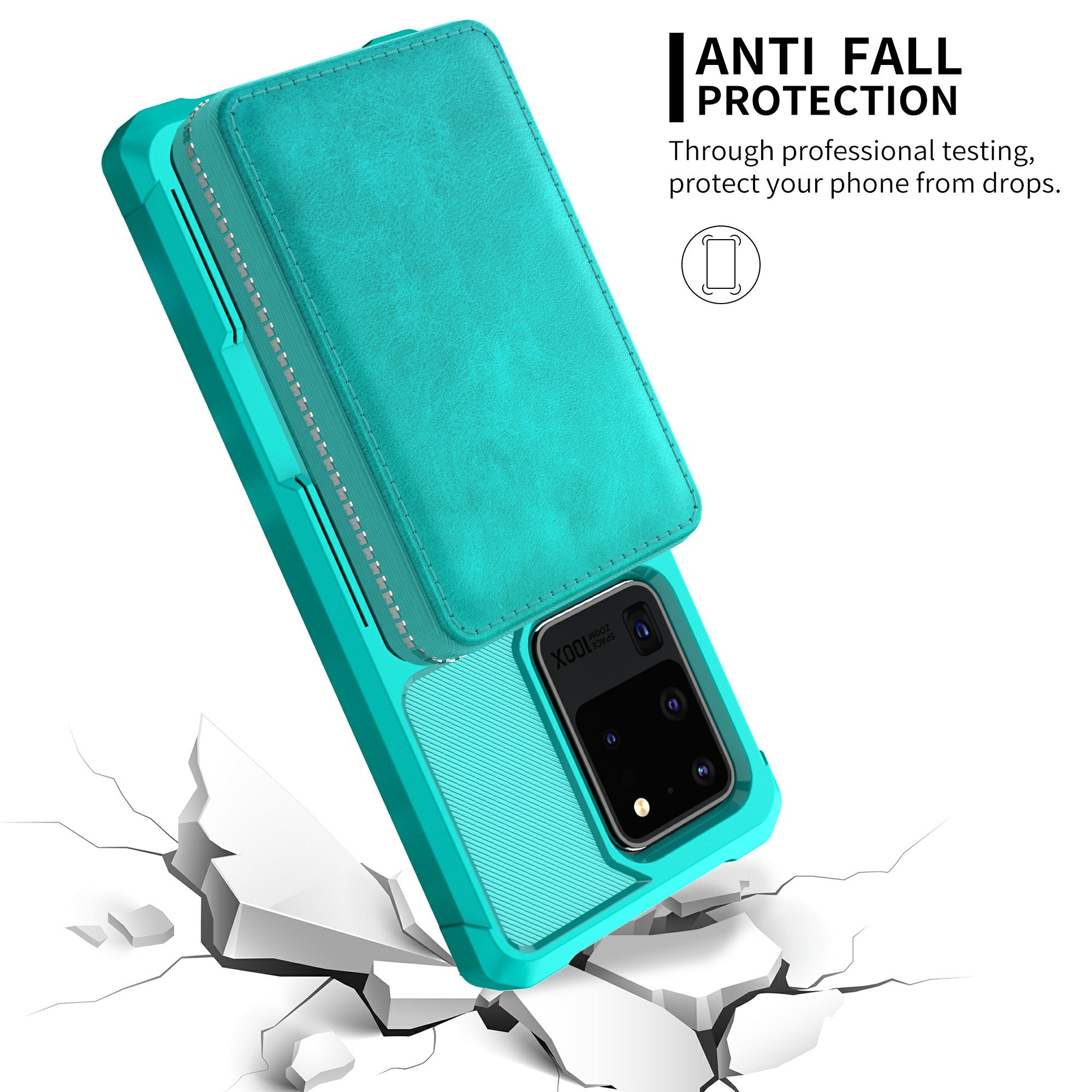 Leather Phone Case with Zipper Wallet for Samsung Galaxy S20 Ultra - Cyan