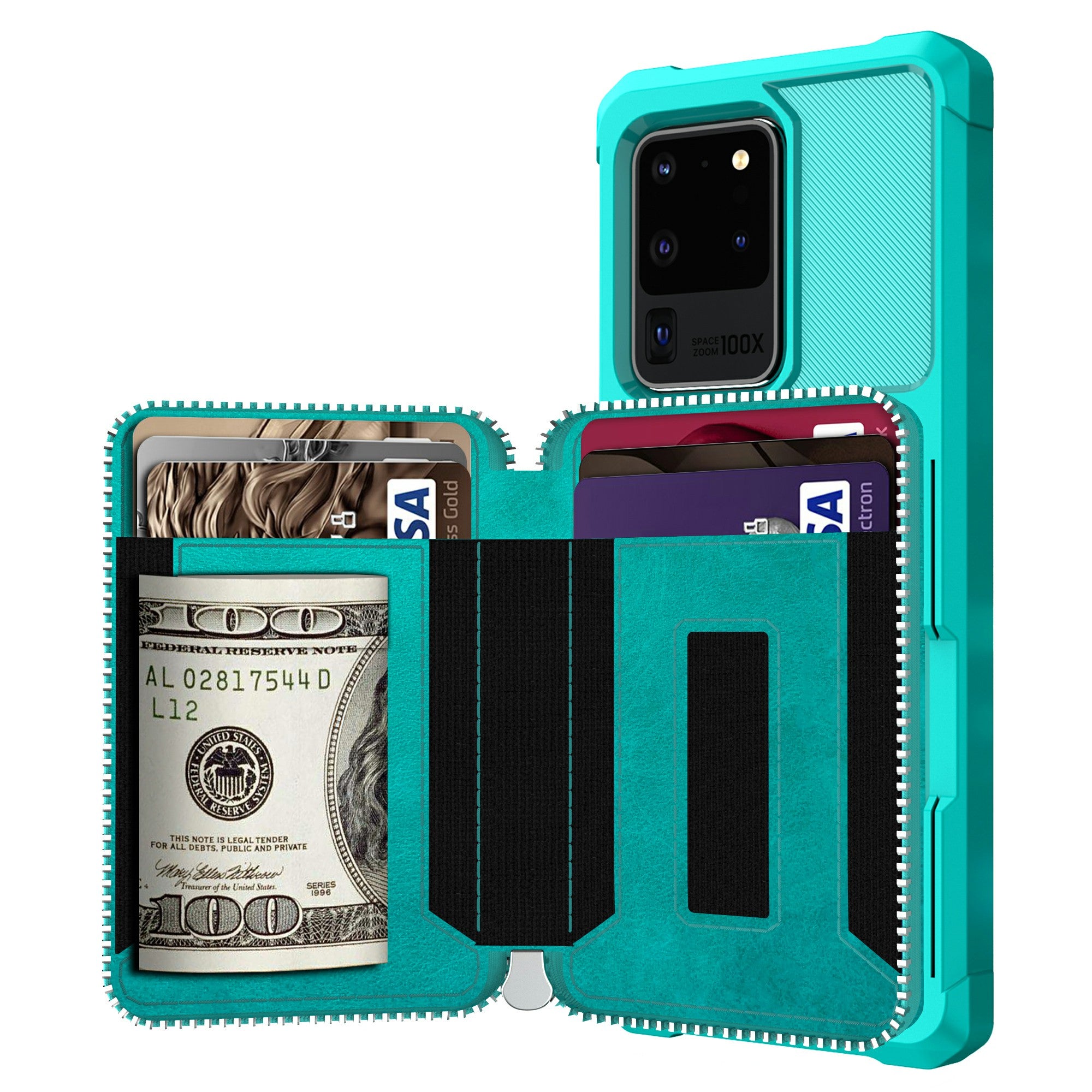 Leather Phone Case with Zipper Wallet for Samsung Galaxy S20 Ultra - Cyan