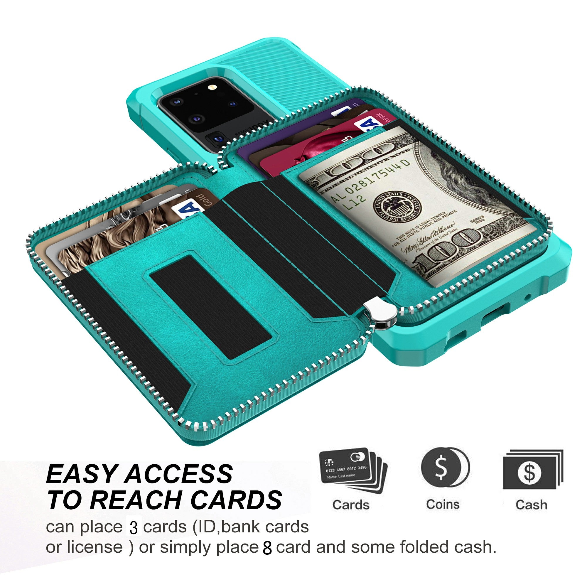 Leather Phone Case with Zipper Wallet for Samsung Galaxy S20 Ultra - Cyan