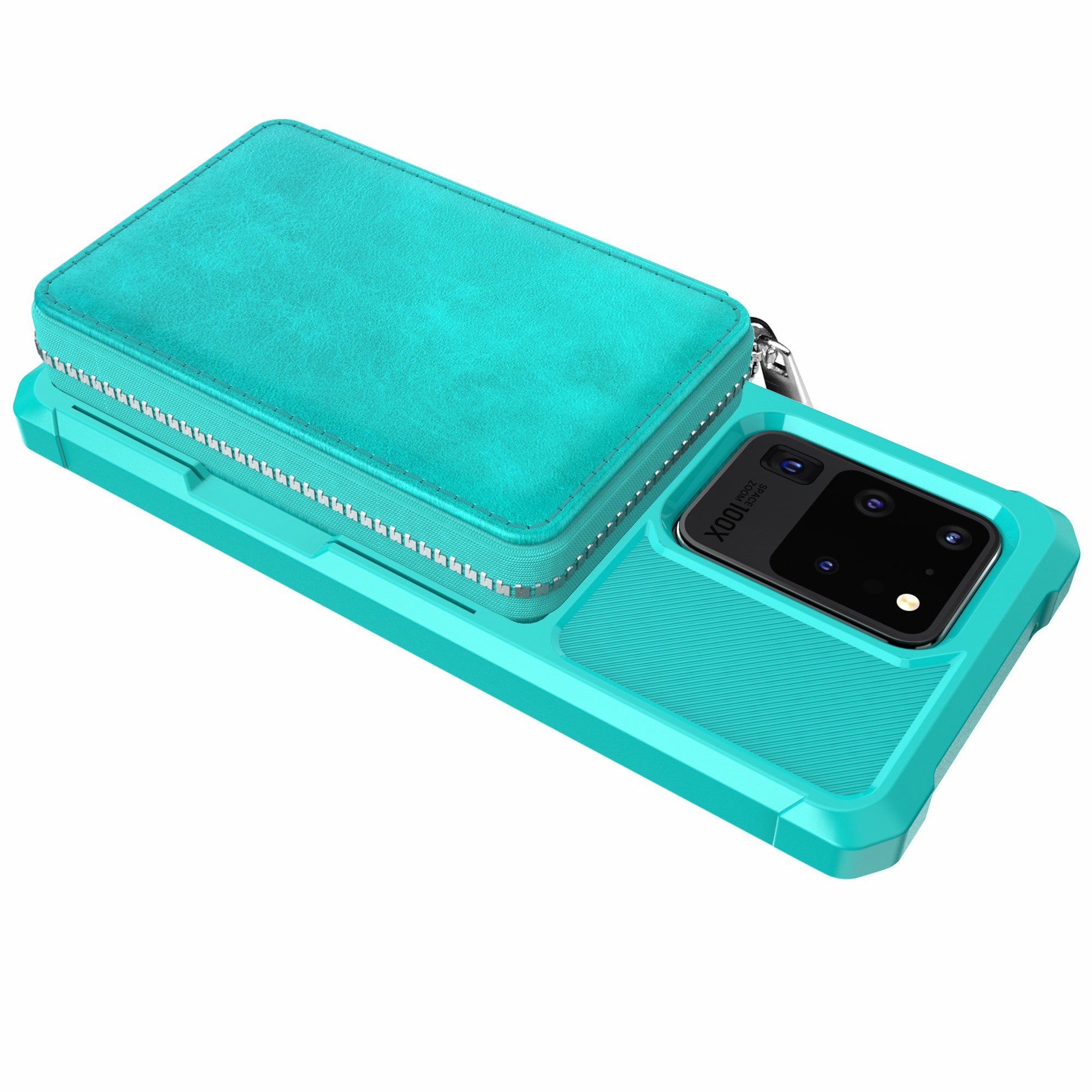 Leather Phone Case with Zipper Wallet for Samsung Galaxy S20 Ultra - Cyan