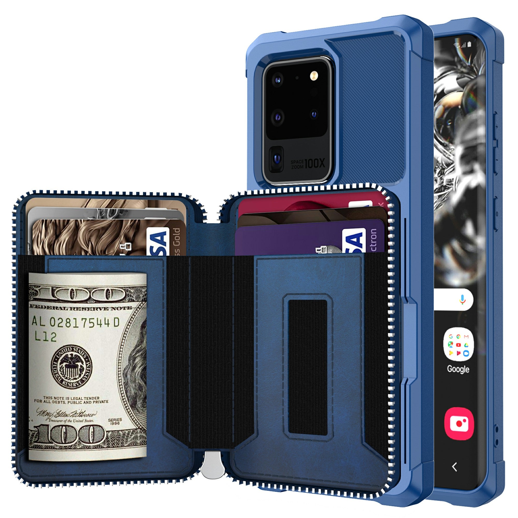 Leather Phone Case with Zipper Wallet for Samsung Galaxy S20 Ultra - Blue