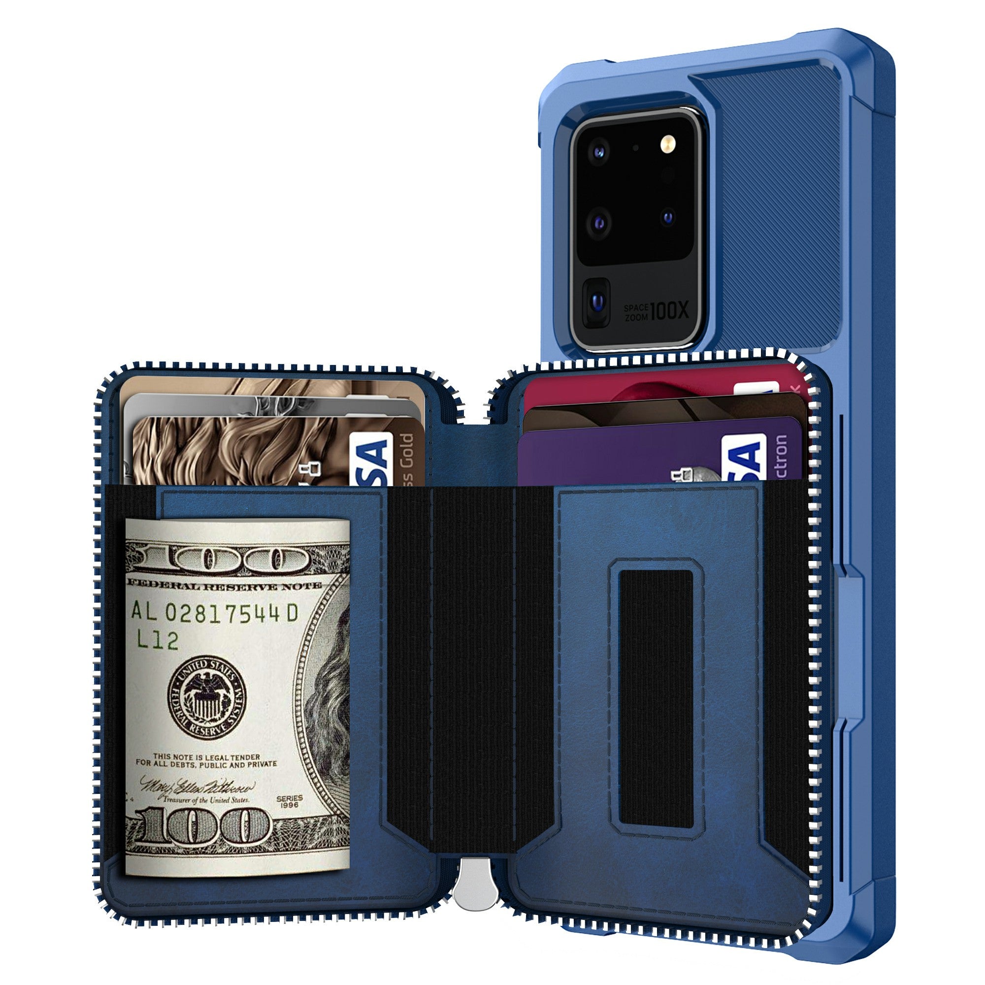 Leather Phone Case with Zipper Wallet for Samsung Galaxy S20 Ultra - Blue