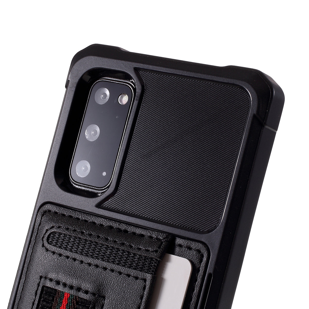 Phone Case with Card Slot and Elastic Finger Ring Strap Protective shell for Samsung Galaxy S20 4G/S20 5G - Black