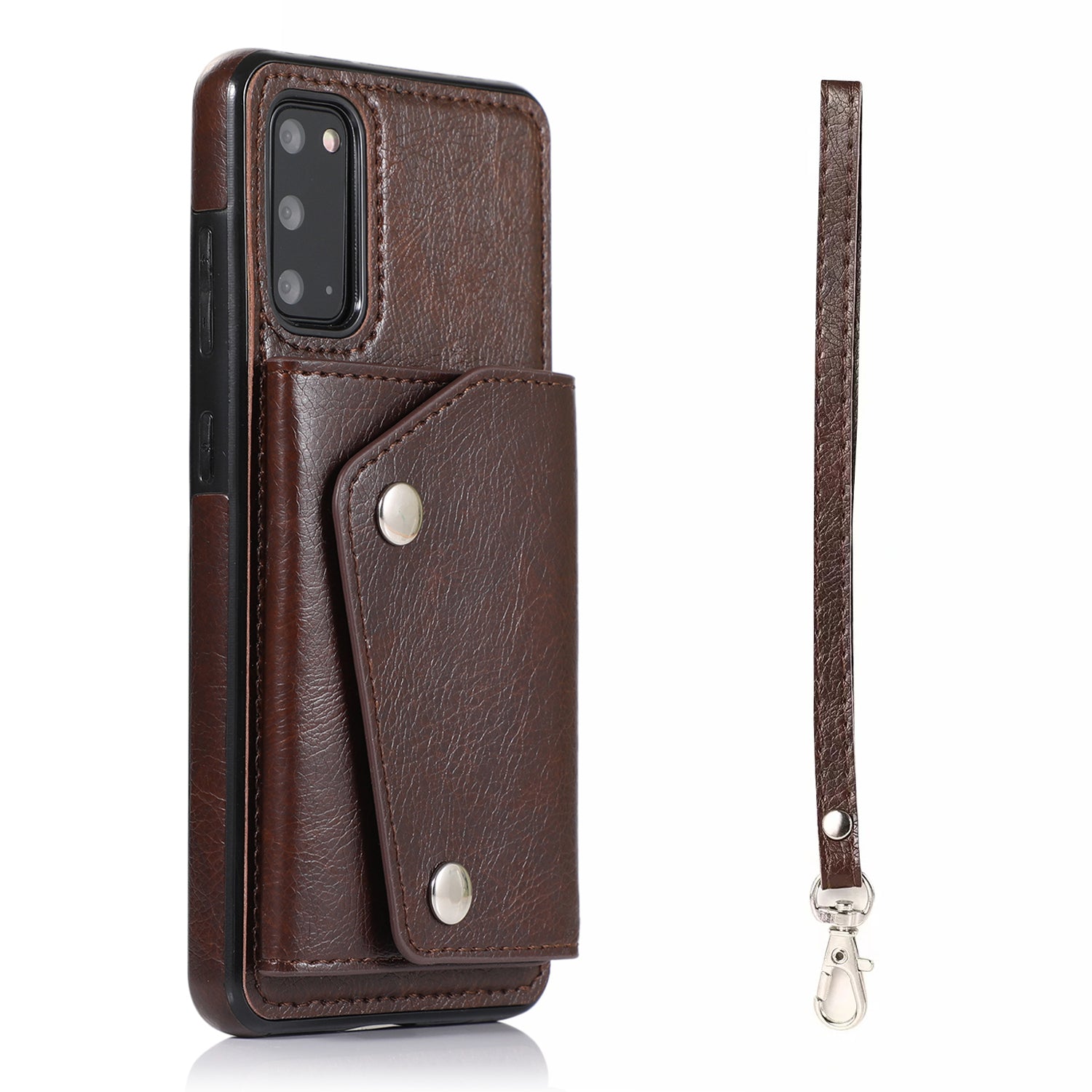 PU Leather Coated TPU Cover with Strap for Samsung Galaxy S20 4G/S20 5G - Brown