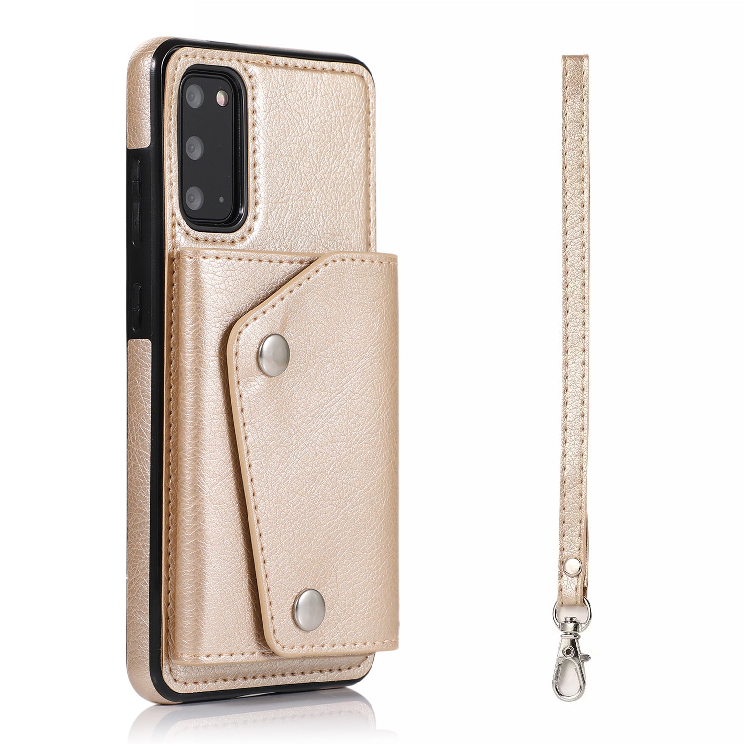 PU Leather Coated TPU Cover with Strap for Samsung Galaxy S20 Plus - Gold